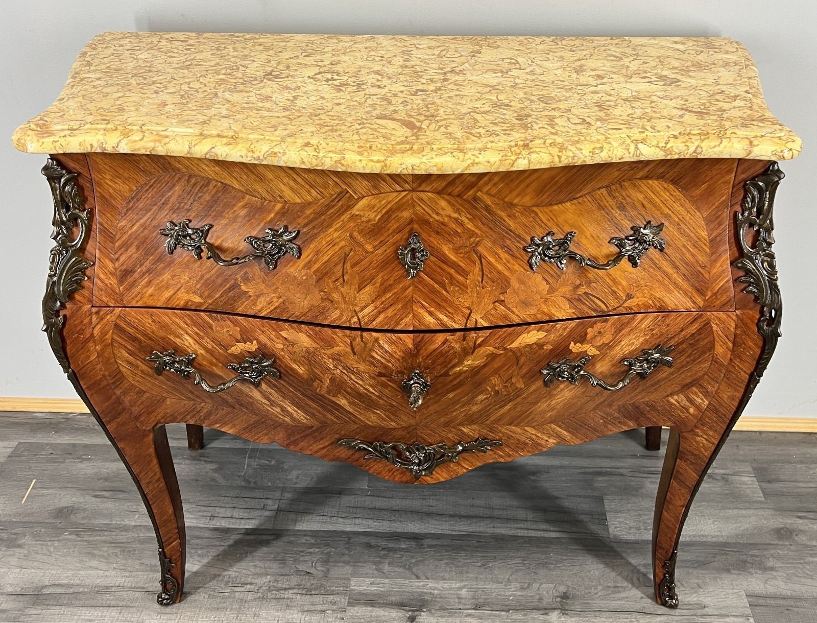 photo for sale Chest Of Drawers Antique French Bombe Walnut Marble Top Carved Cabinet Lot 4706