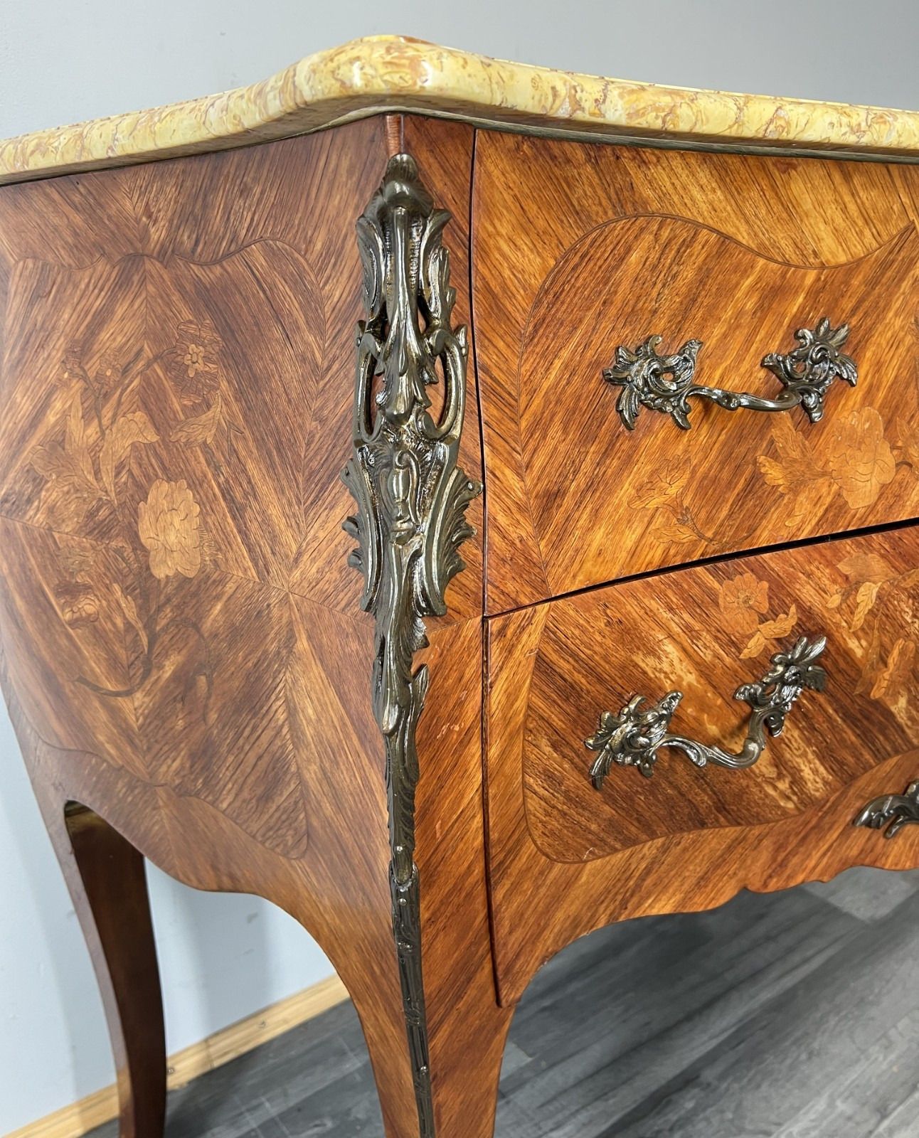 Furniture Chest Of Drawers Antique French Bombe Walnut Marble Top Carved Cabinet Lot 4706 photo