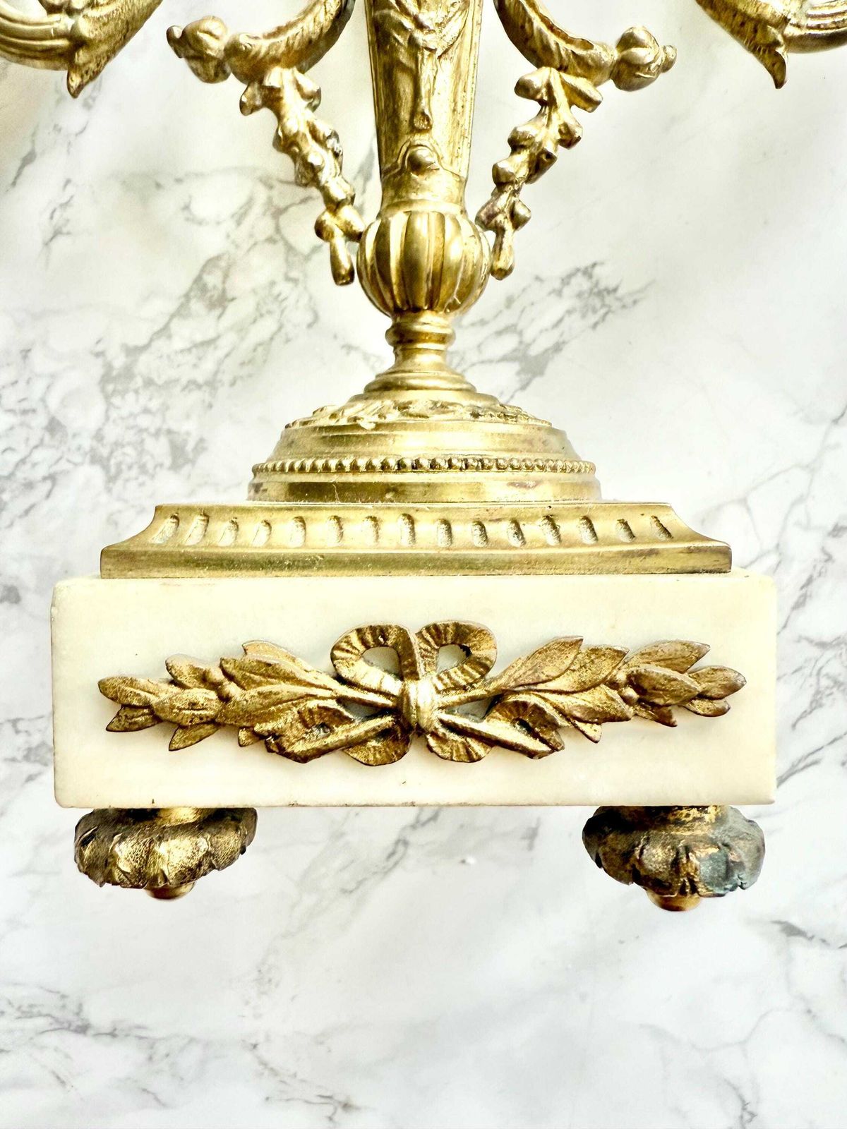 Pair Of Antique French Ormoulu Gilded Bronze And White Marble 2 Lights Candle Sticks Holders Louis XVI Style Neoclassical Decor Chateau photo 650.0