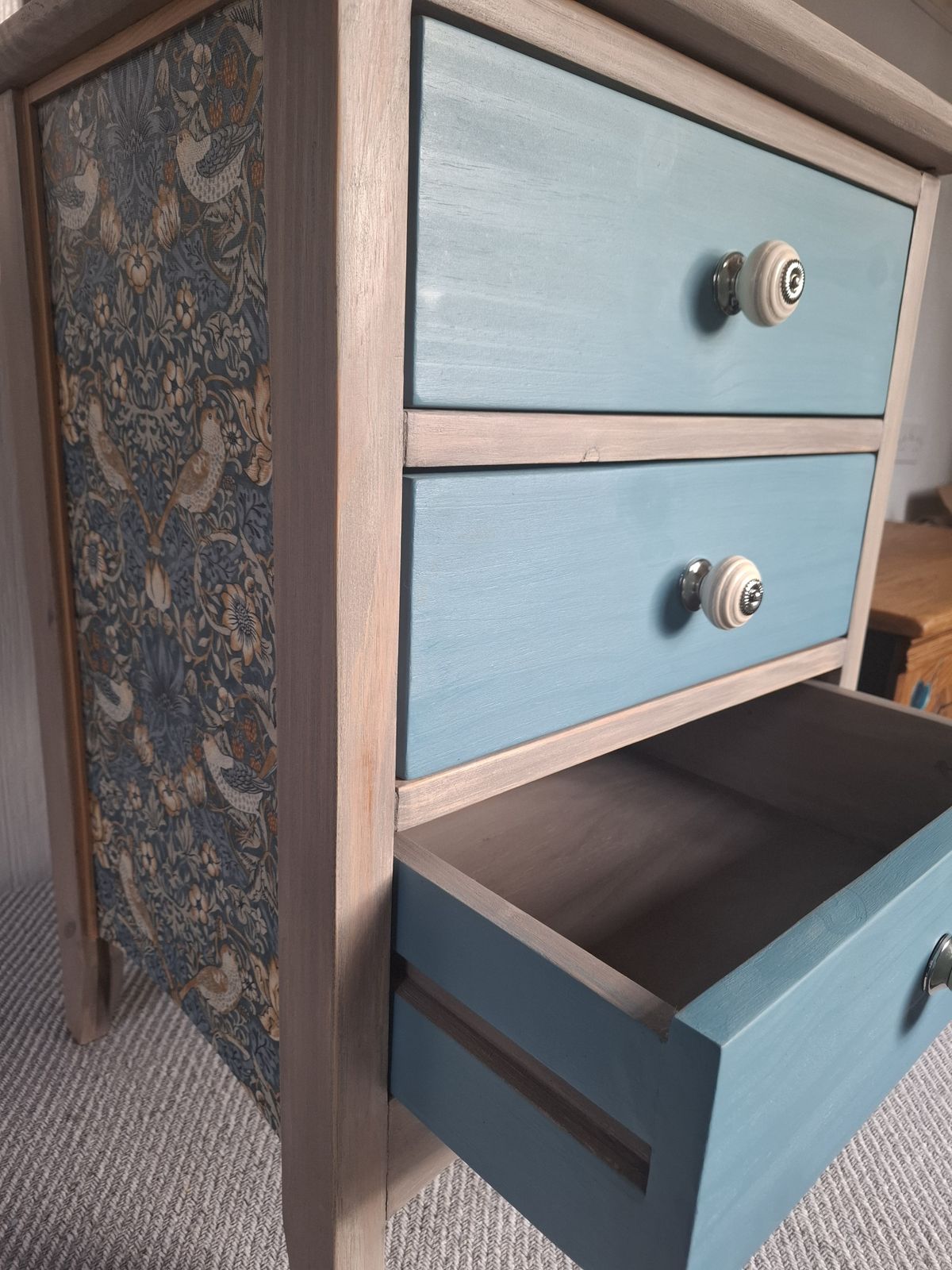 photo for sale William Morris Strawberry Thief Set Of Drawers, With Fabric Covered Sides And Ombre Effect Drawers   Professionally Upcycled