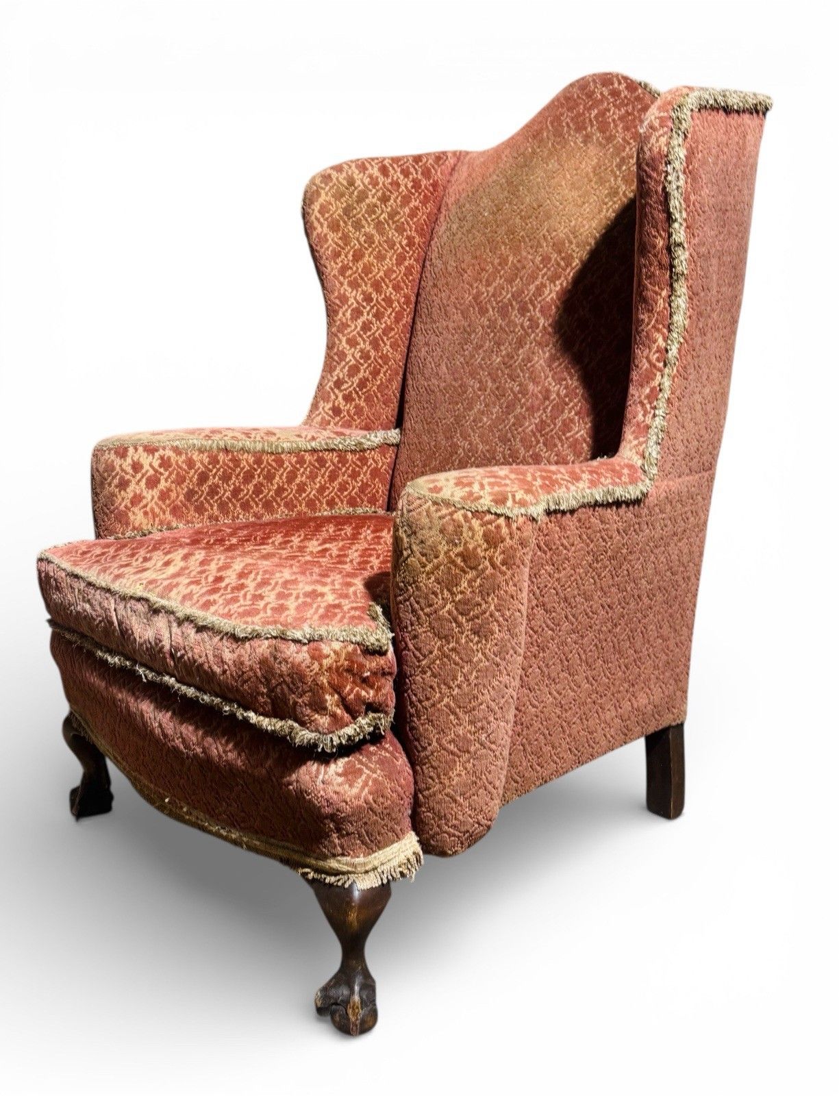 Antique Walnut Wing Back Armchair Claw And Ball Feet Queen Anne Style C1910 Rare photo 295.0