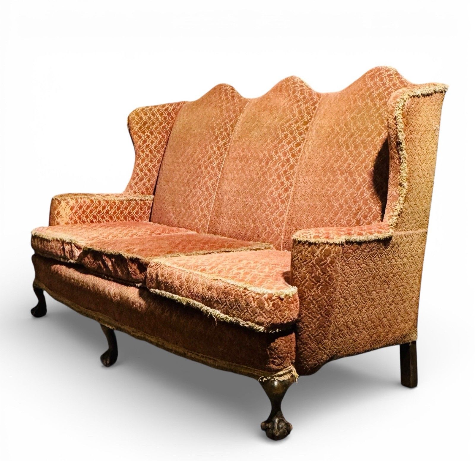 Furniture Antique Walnut Cammel Back Sofa Claw And Ball Feet Queen Anne Style C1910 Rare photo