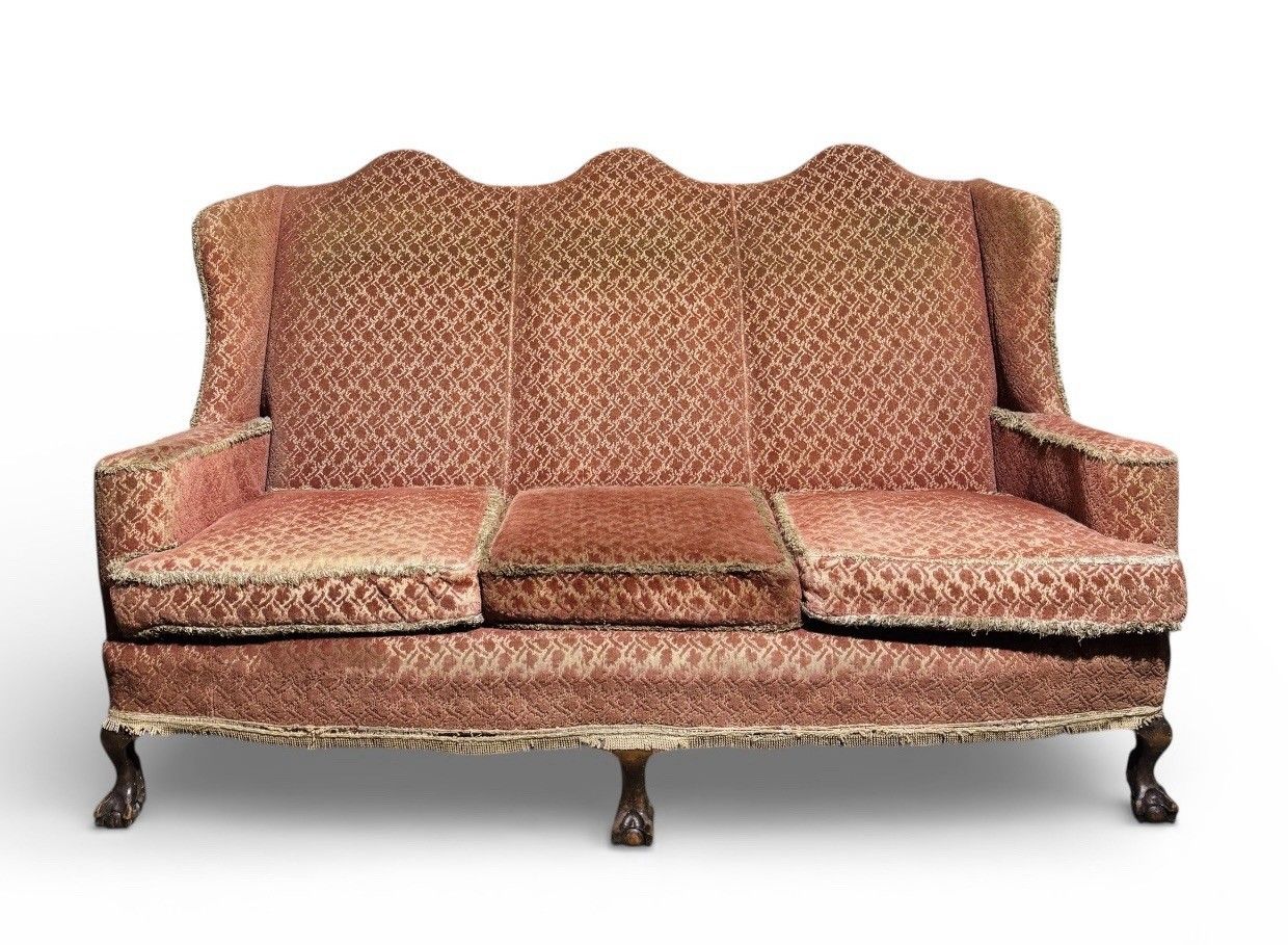 395.0 Antique Walnut Cammel Back Sofa Claw And Ball Feet Queen Anne Style C1910 Rare photo