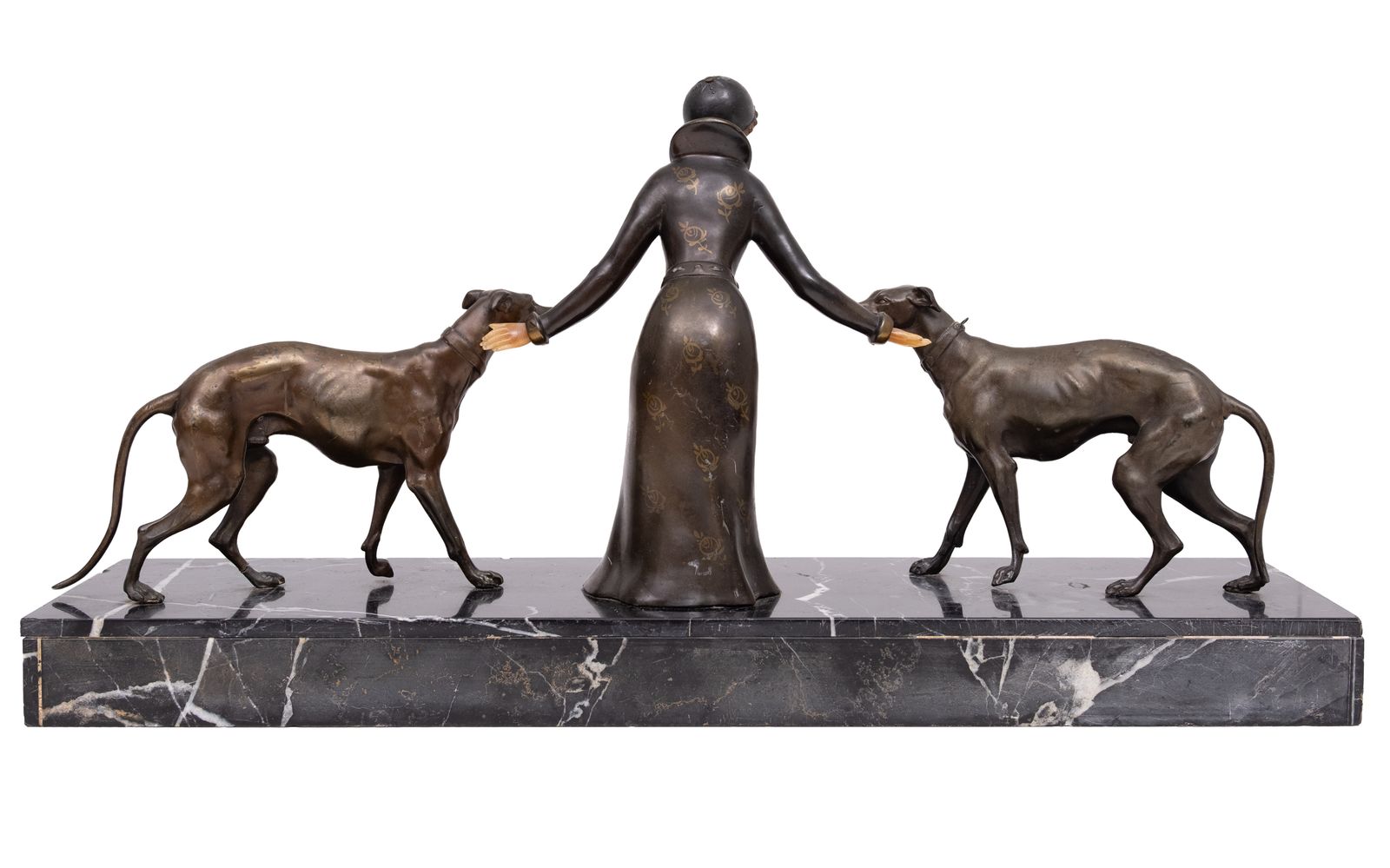 Art Deco Sculpture Of Woman With Greyhounds 1920/30s France photo vintage