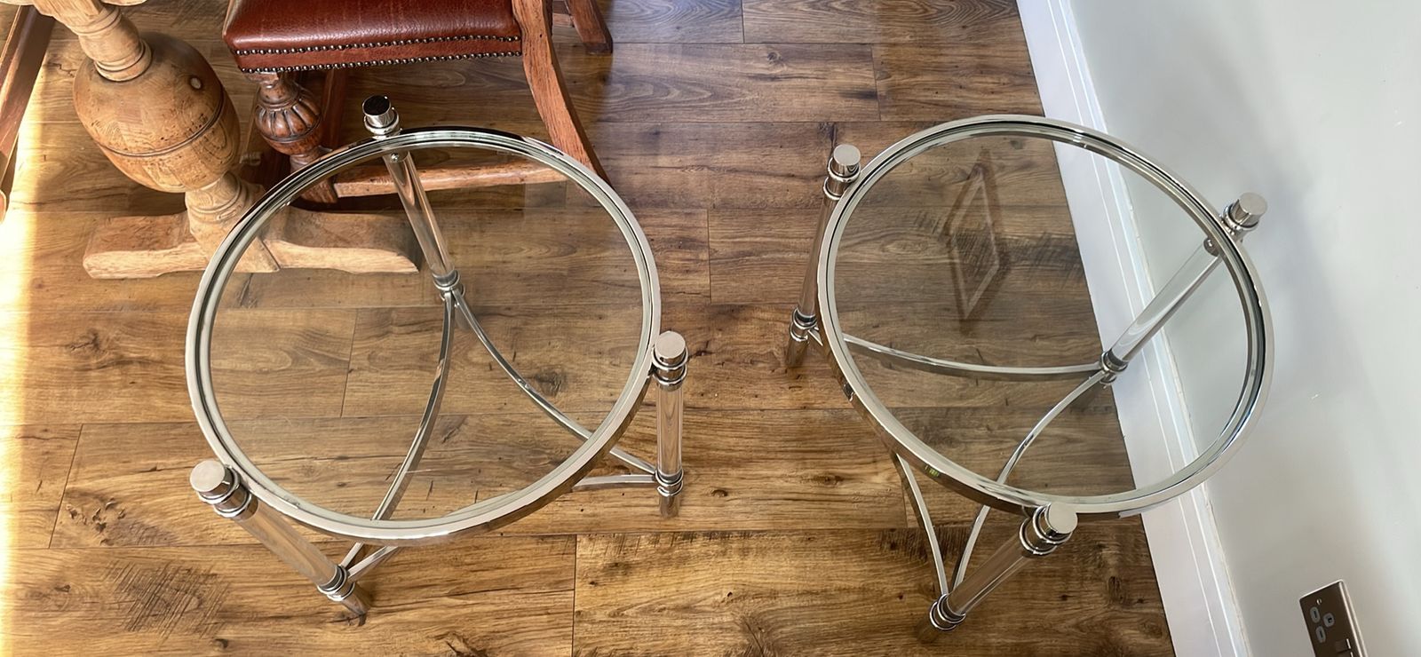 Pair Of Eichholtz Trento Chrome & Glass Side Tables / Occasional Tables