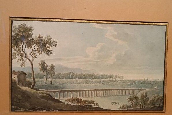 Early 19th Century Watercolor On Paper – Landscape With Aqueduct And Bridge photo Art