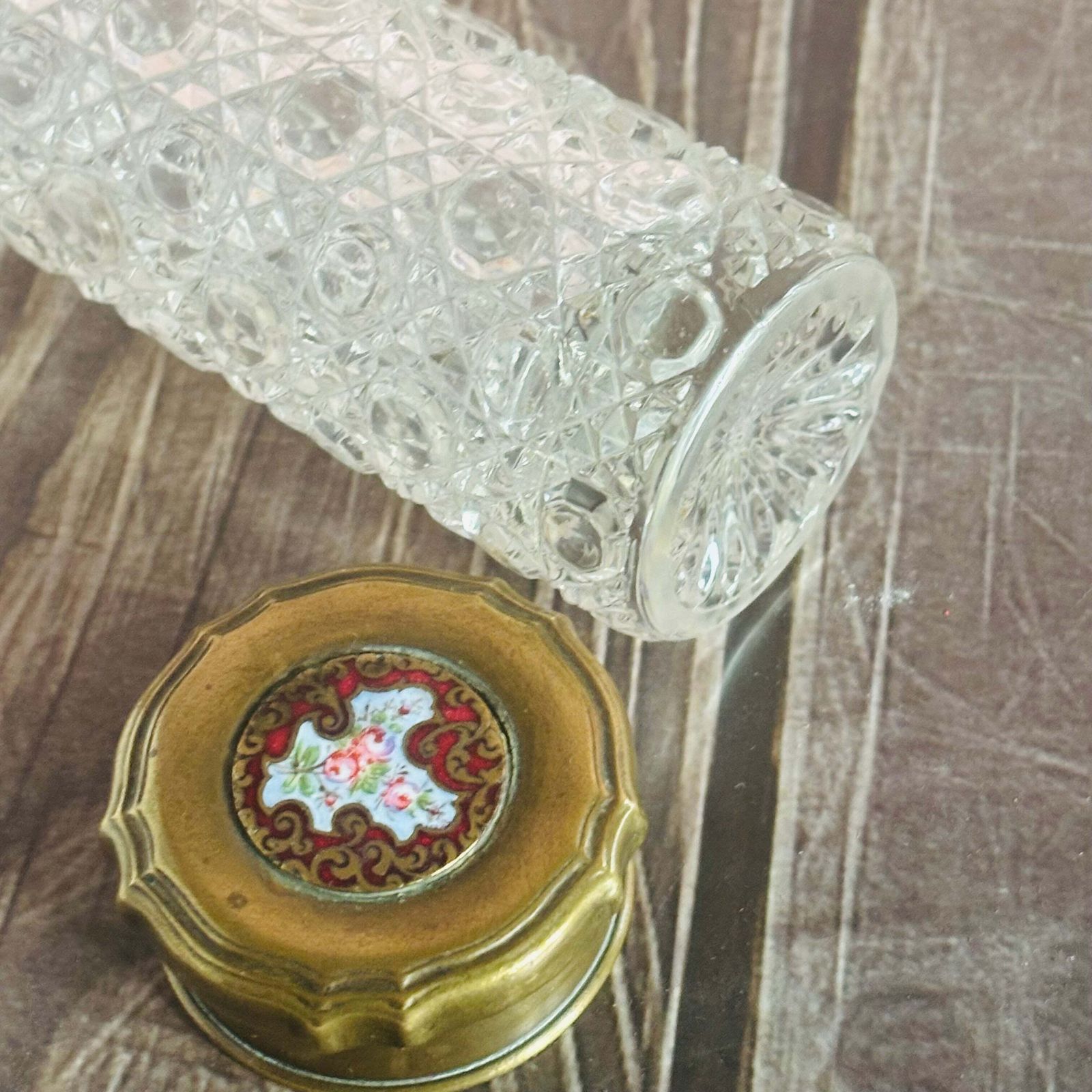 Antique Long Honeycomb Cut Glass Vanity Jar With Enamel Lid photo buy