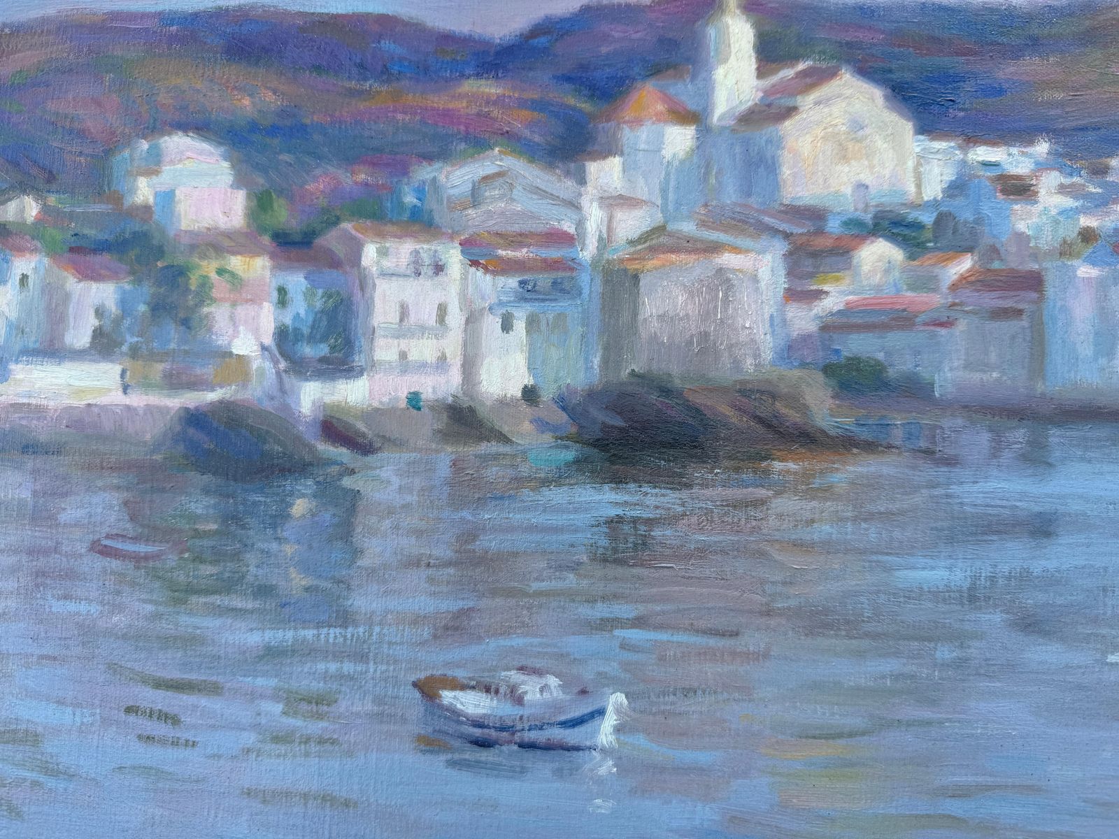 Ramon Pichot I Soler Cadaqués With Boats Oil On Canvas Painting Spanish Seascape Mediterranean Art C.1980 photo for sale