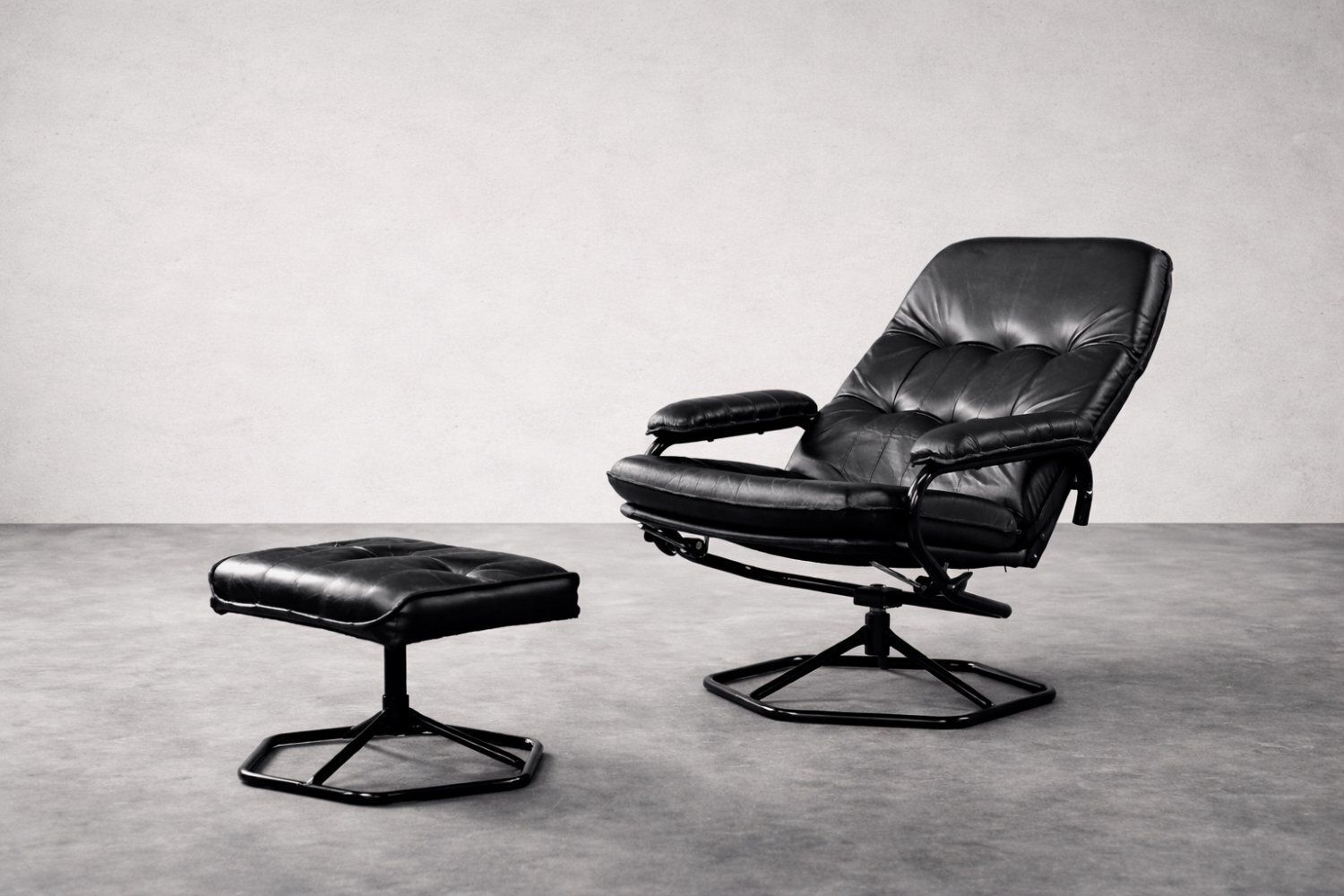 Set Of Mid Century Modern Danish Black Leather Swivel Chair & Ottoman From Unico, 1970s photo furniture
