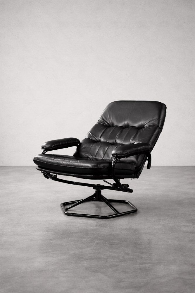 photo furniture Set Of Mid Century Modern Danish Black Leather Swivel Chair & Ottoman From Unico, 1970s