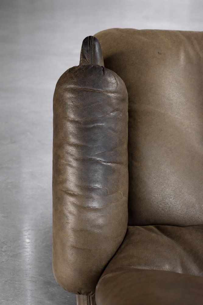 photo buy Mid Century Modern German Brown Leather Lounge Swivel Chair From Musterring, 1960s