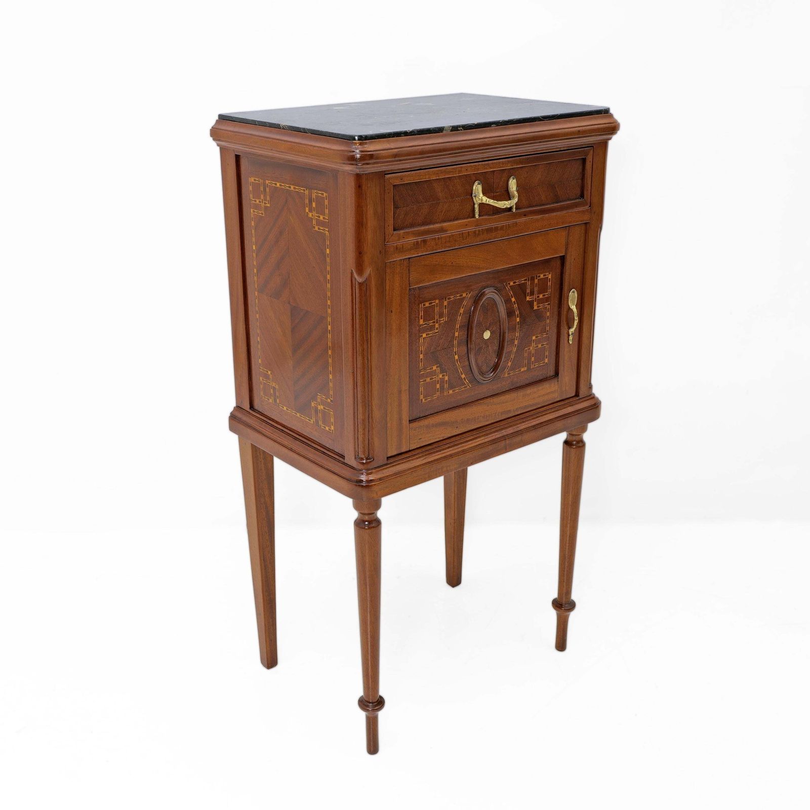 Pair Of Louis XVI Style Bedside Tables With Inlays And Marble Top, Italy, 1920s photo for sale