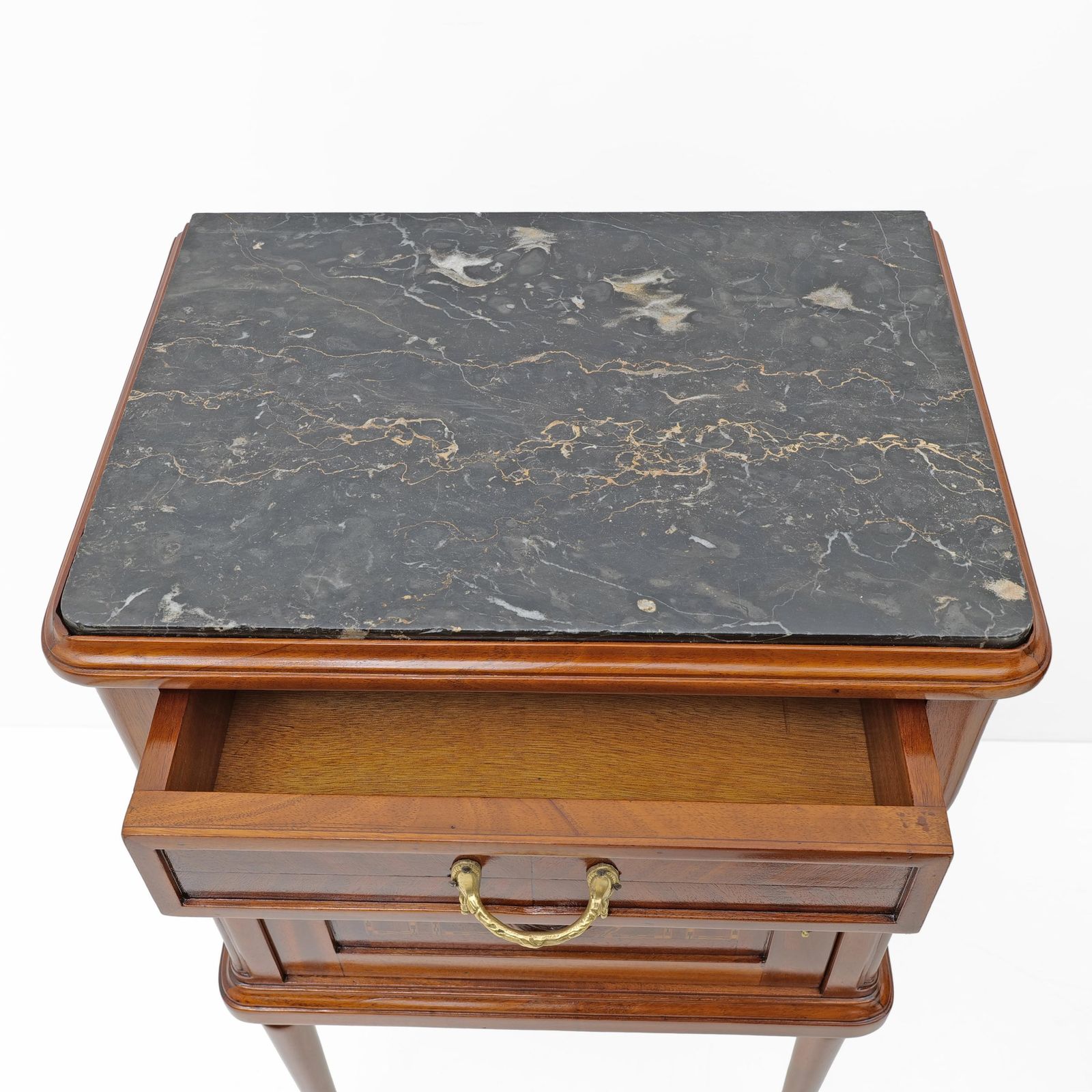 Pair Of Louis XVI Style Bedside Tables With Inlays And Marble Top, Italy, 1920s photo vinterior