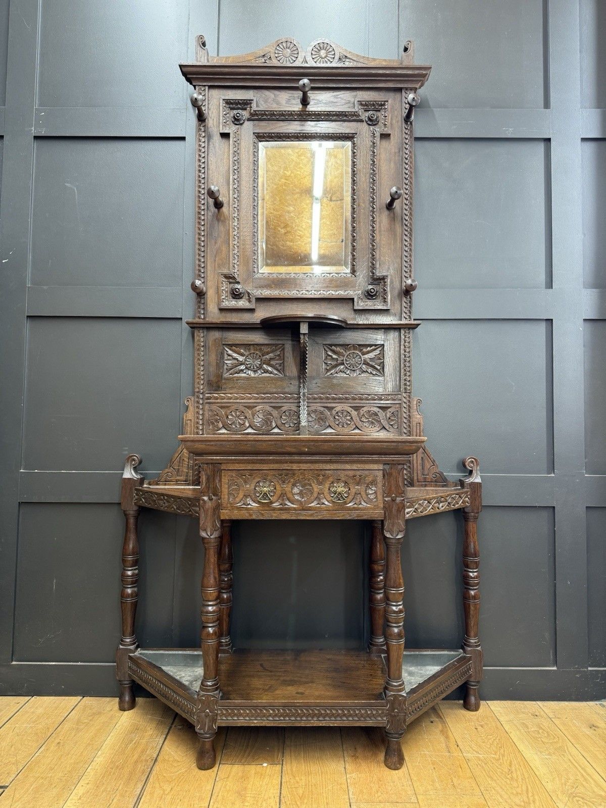 Antique Oak Hallway Coat & Hat Stand With Mirror And Storage
