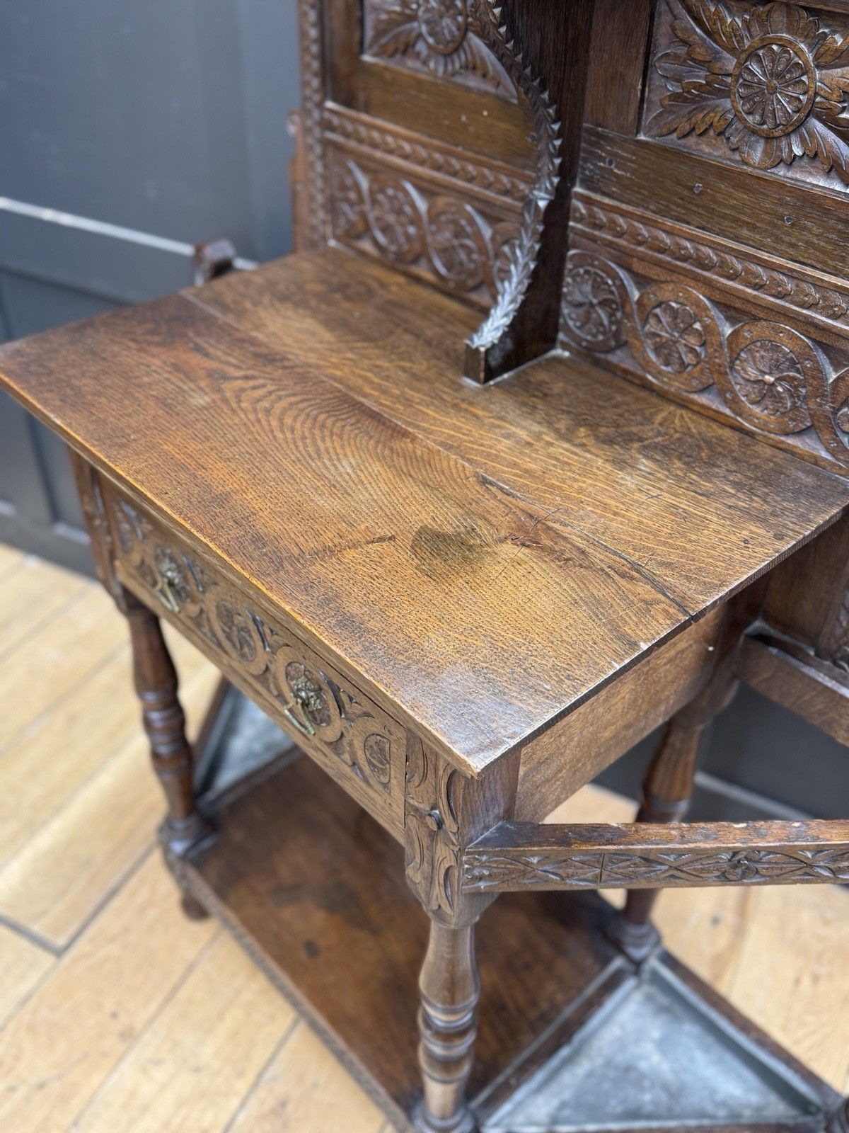 Antique Oak Hallway Coat & Hat Stand With Mirror And Storage photo for sale