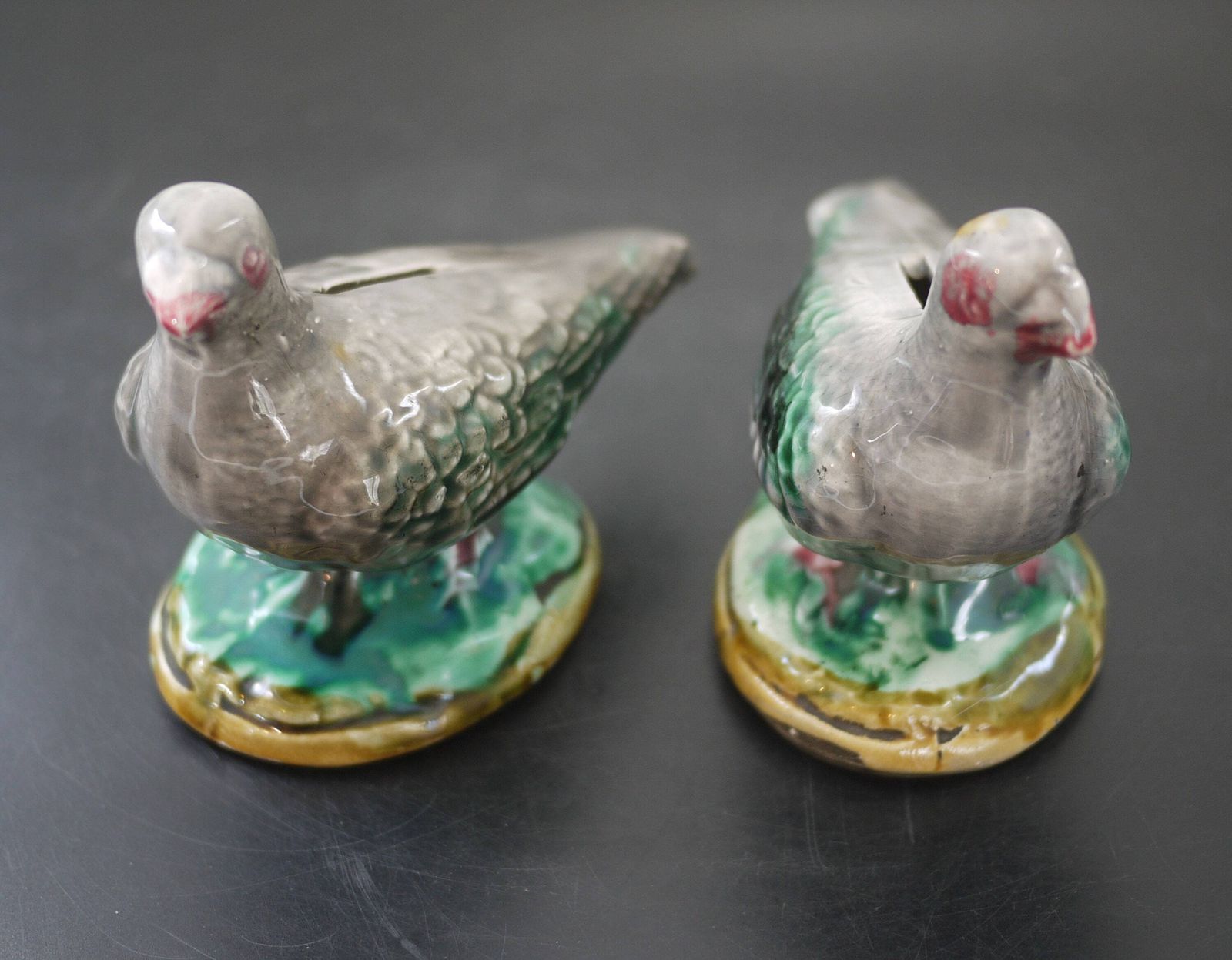 photo vinterior Antique French Majolica Pigeon Money Boxes Pair By Onnaing