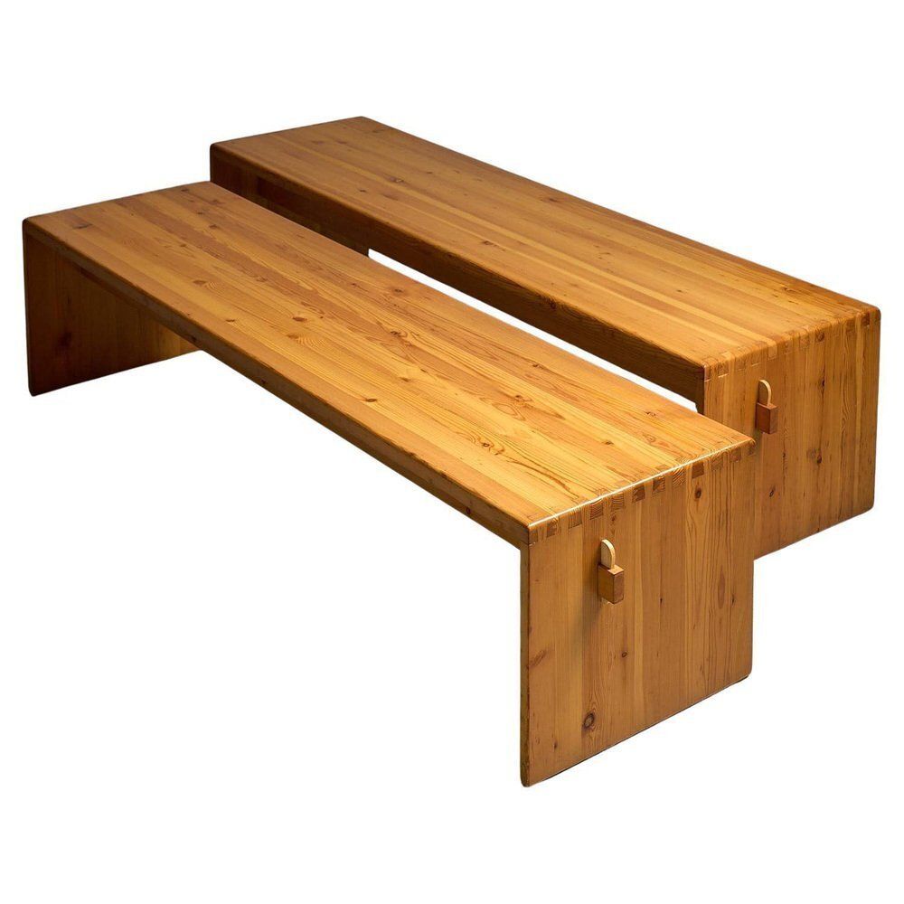 Pine Wood Benches, 1970s, Set Of 2