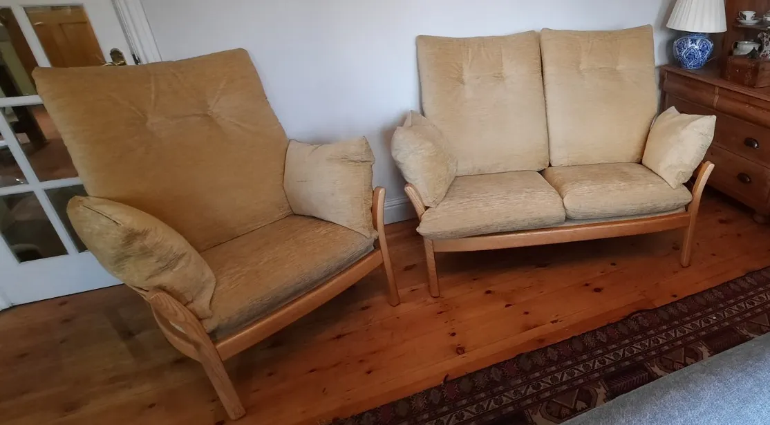 Vintage Mid Century Modern Ercol Two Seat Cottage Sofa And Single Armchair