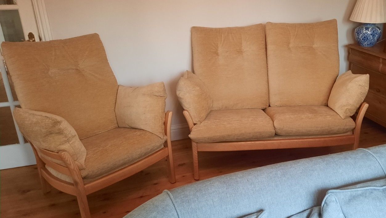 Vintage Mid Century Modern Ercol Two Seat Cottage Sofa And Single Armchair photo furniture