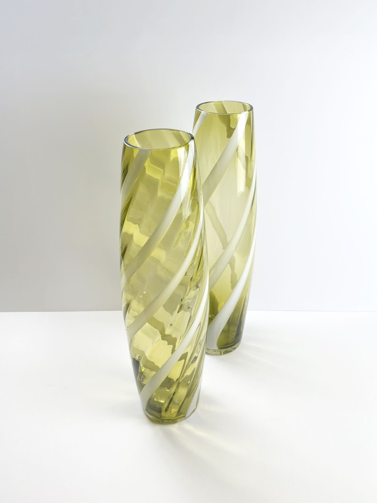 Pair Of Tall Glass Floor Vases, Lime Green, Italian Mid Century 1960s photo furniture