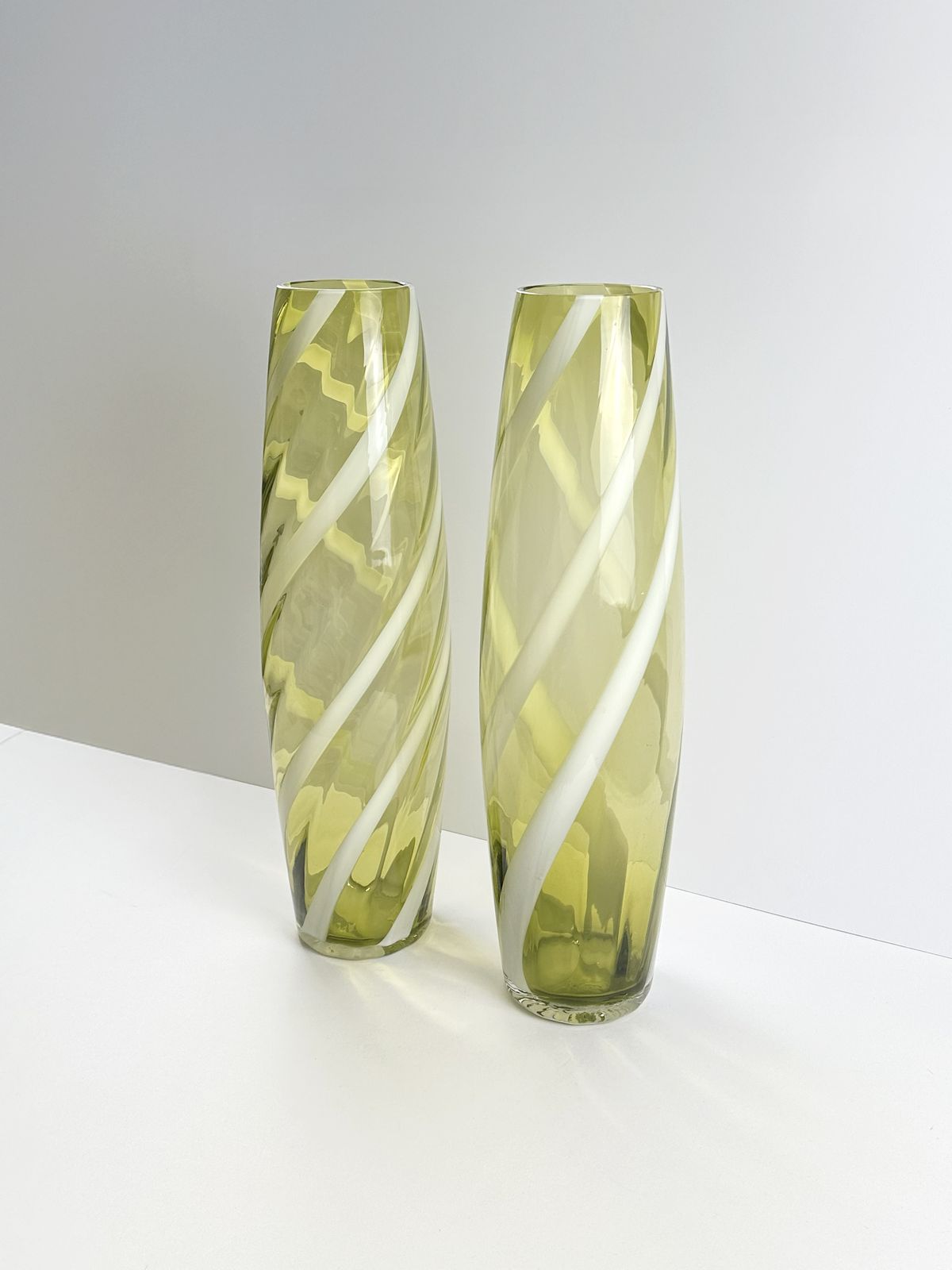 Pair Of Tall Glass Floor Vases, Lime Green, Italian Mid Century 1960s photo Home Decor