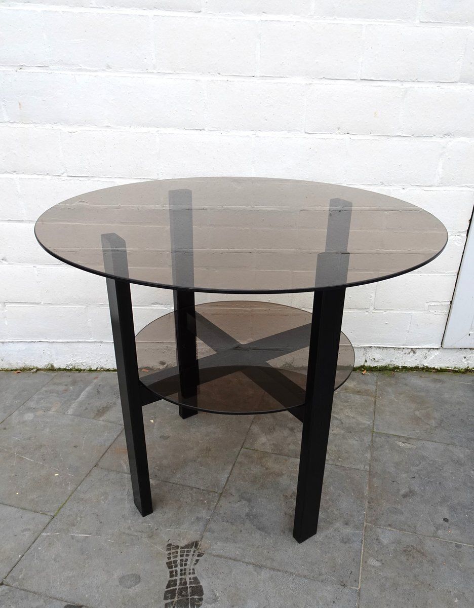 Minimalist High Metal And Smoke Glass 2 Tiered Side Table, 1980s