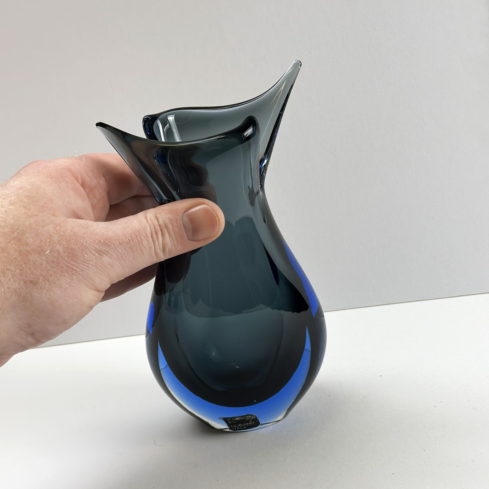 1980s V. Nason & Cie Blue And Smoked Grey Sommerso Murano Glass Vase photo for sale