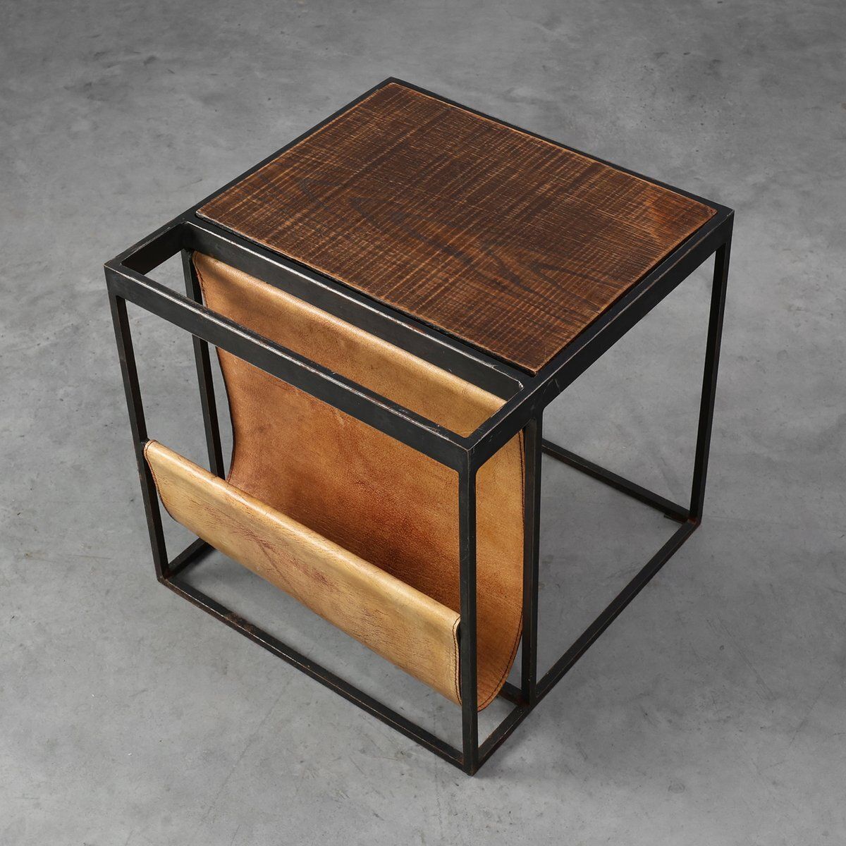 Mid Century Magazine Holder In Metal, Wood And Leather, Belgium, 1960s