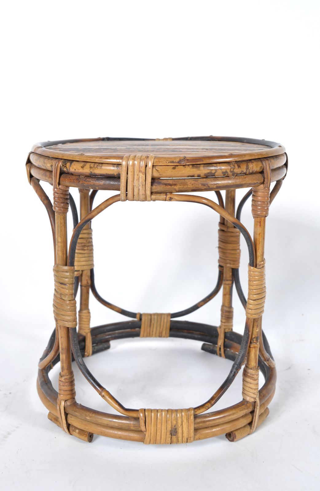 Midcentury Tortoishell Bamboo Wicker Side Table Planter Plant Stand Jardiniere Tiki