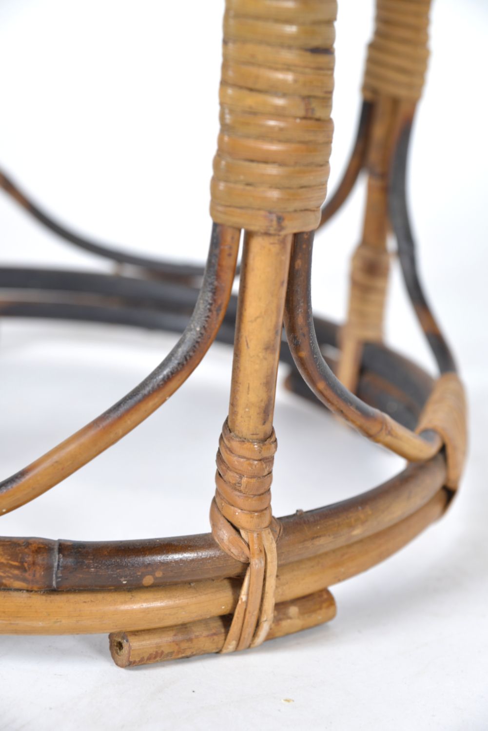 Midcentury Tortoishell Bamboo Wicker Side Table Planter Plant Stand Jardiniere Tiki photo vintage