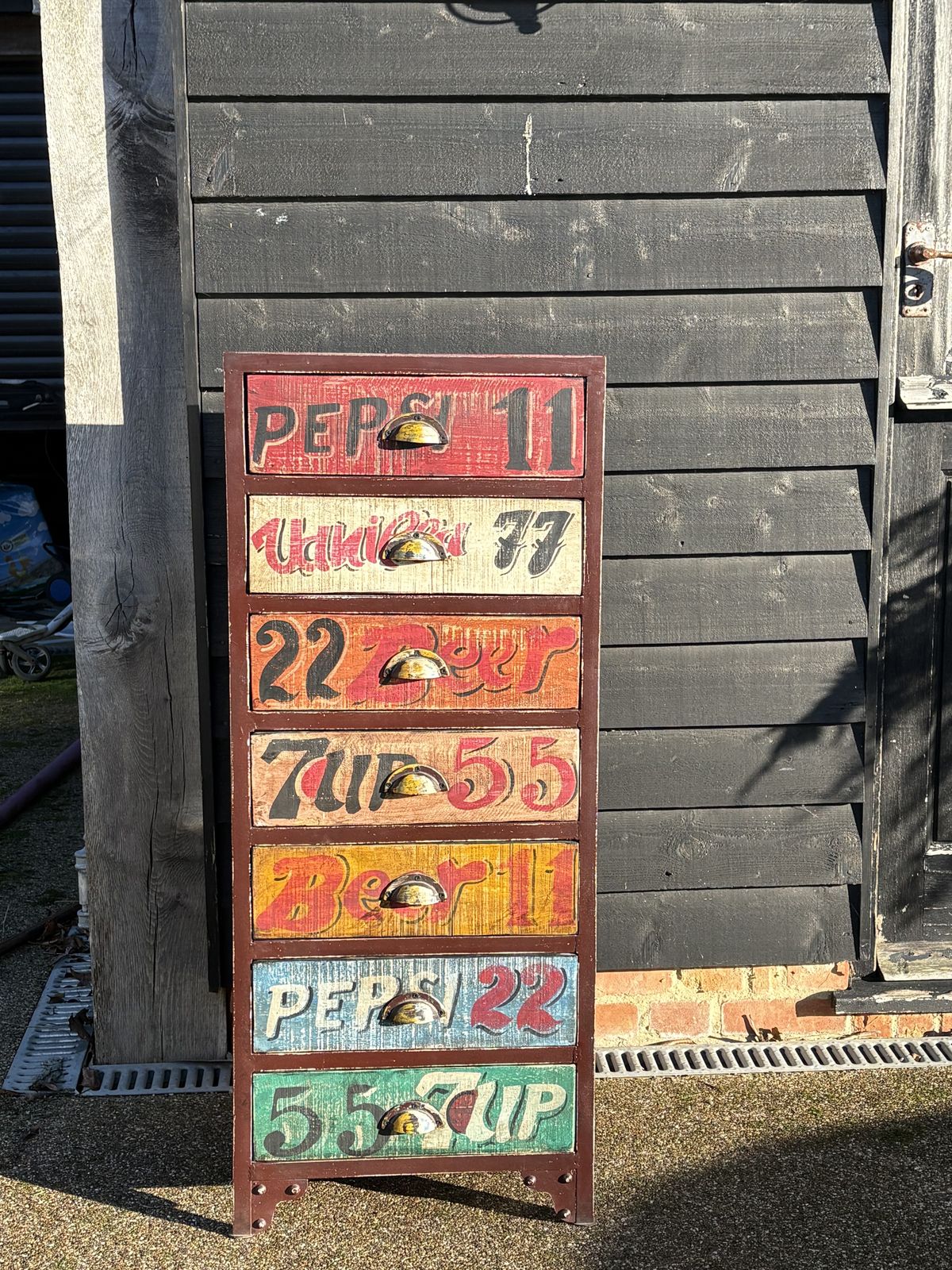 Metal Framed, Wooden Chest Of Drawers Featuring A Leeds Thestre Royal/Popular Drinks Vintage Design