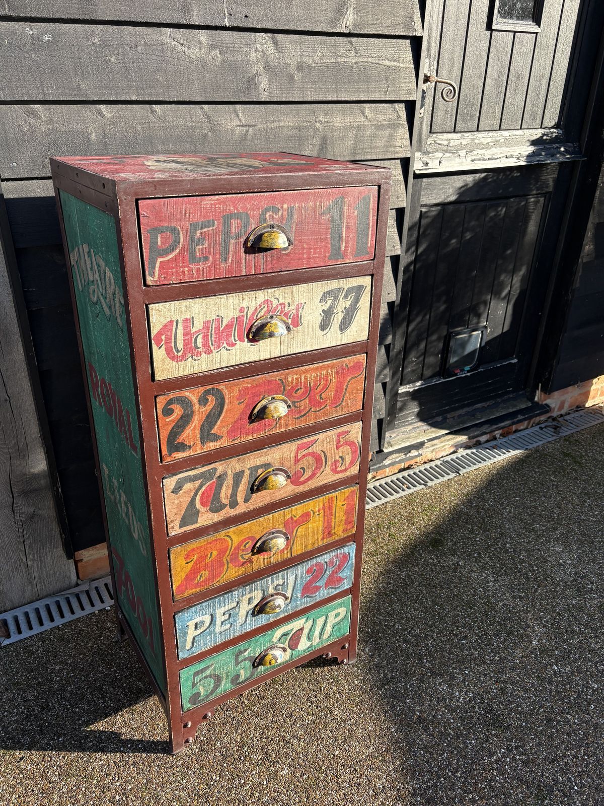 Metal Framed, Wooden Chest Of Drawers Featuring A Leeds Thestre Royal/Popular Drinks Vintage Design photo furniture