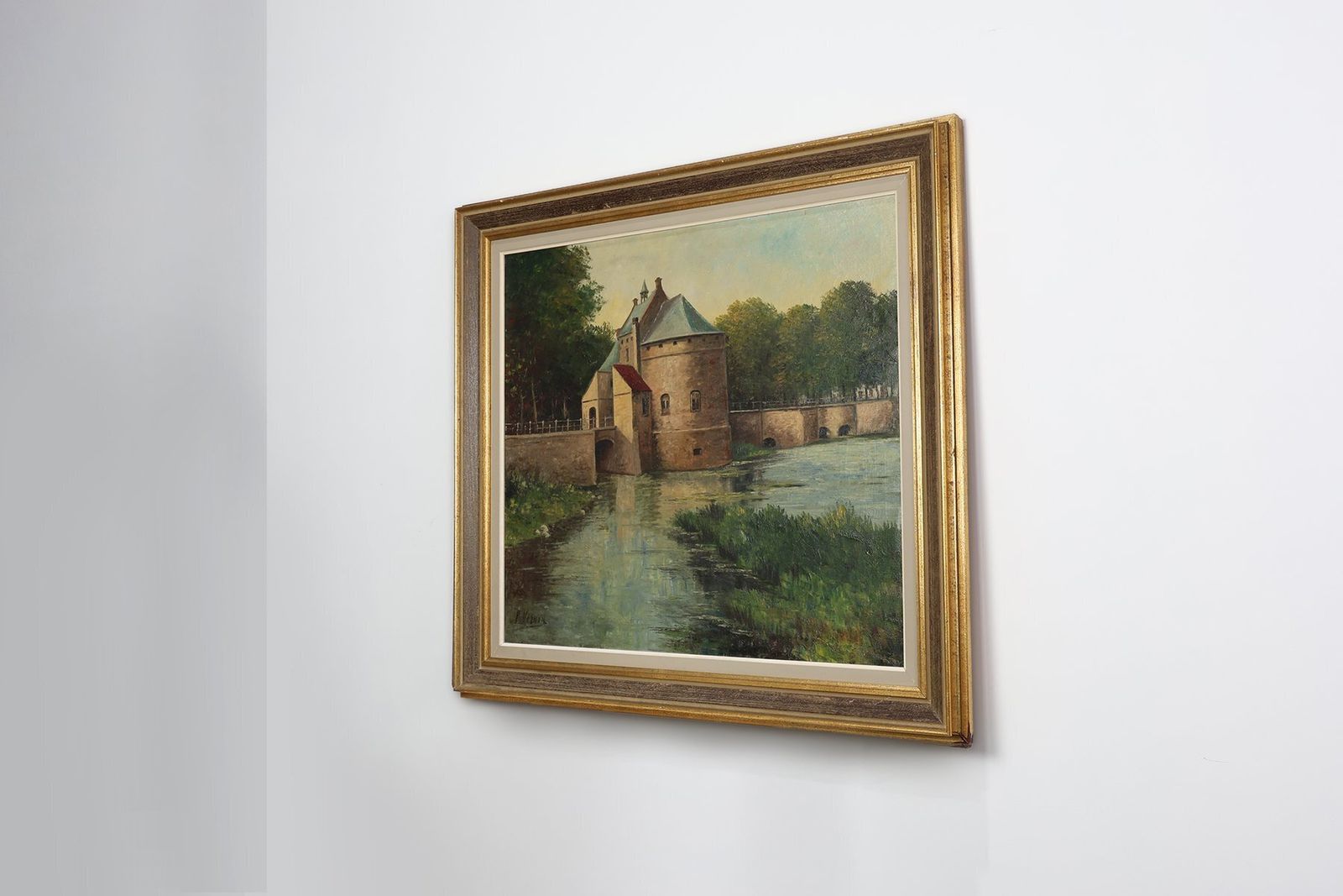 Rustic Landscape Of The Smedepoort Bruges, Belgium, 1950s, Oil On Canvas, Framed photo vintage