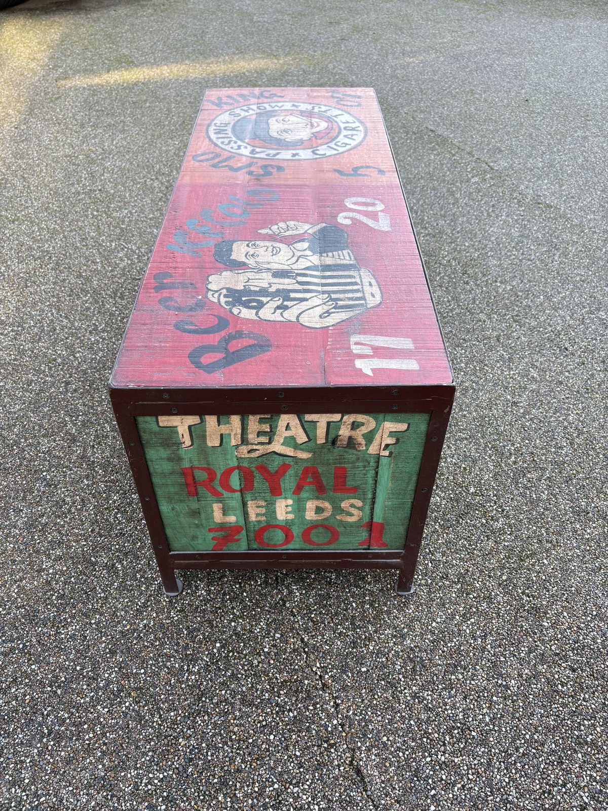 2 Low Metal Framed Wooden Storage Units With Shelving And Drawers, With A Playful Leeds Theatre Royal/Popular Drinks Design photo furniture