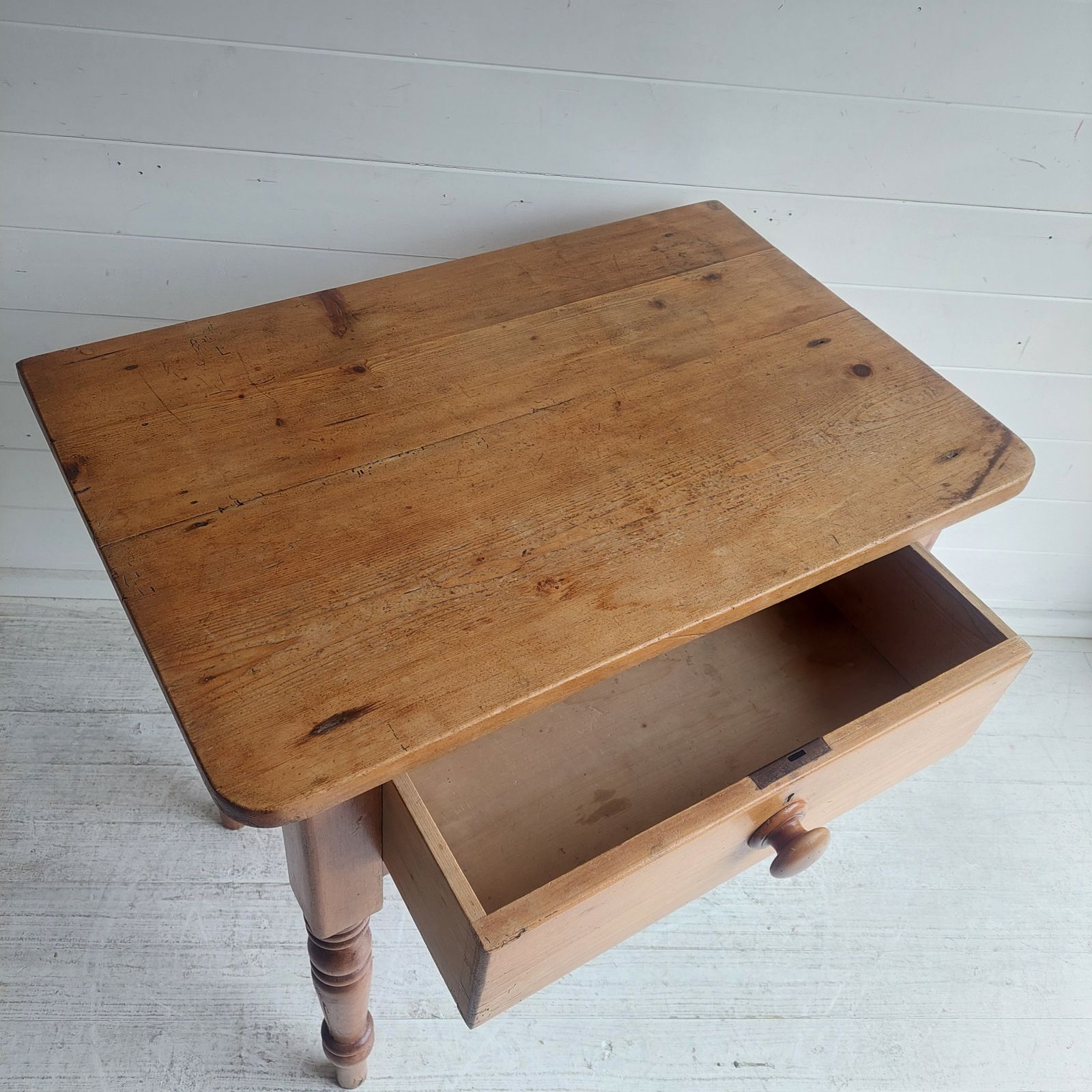 Victorian Antique Rustic Pine Side Table Small Desk Kitchen Console Table With Drawer 1900s photo vinterior