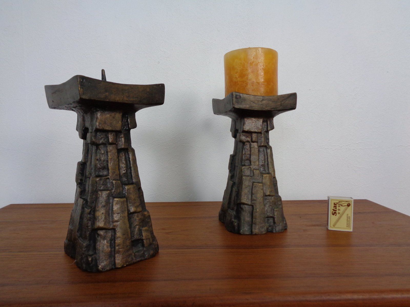 Large Brutalist German Bronze Candleholders, 1960s, Set Of 2 photo vinterior