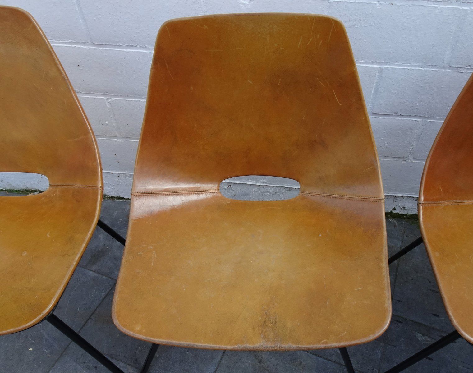 Vintage Cognac Leather Tonneau Chairs By Pierre Guariche, 1990s, Set Of 4 photo buy