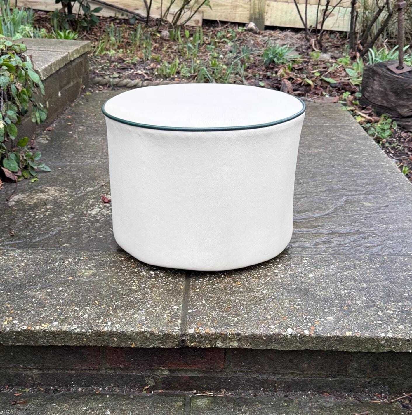 Vintage Faux Leather Cream Cylinder Stool / Ottoman With Dark Green Trim, C. 1970s–Early 1980s