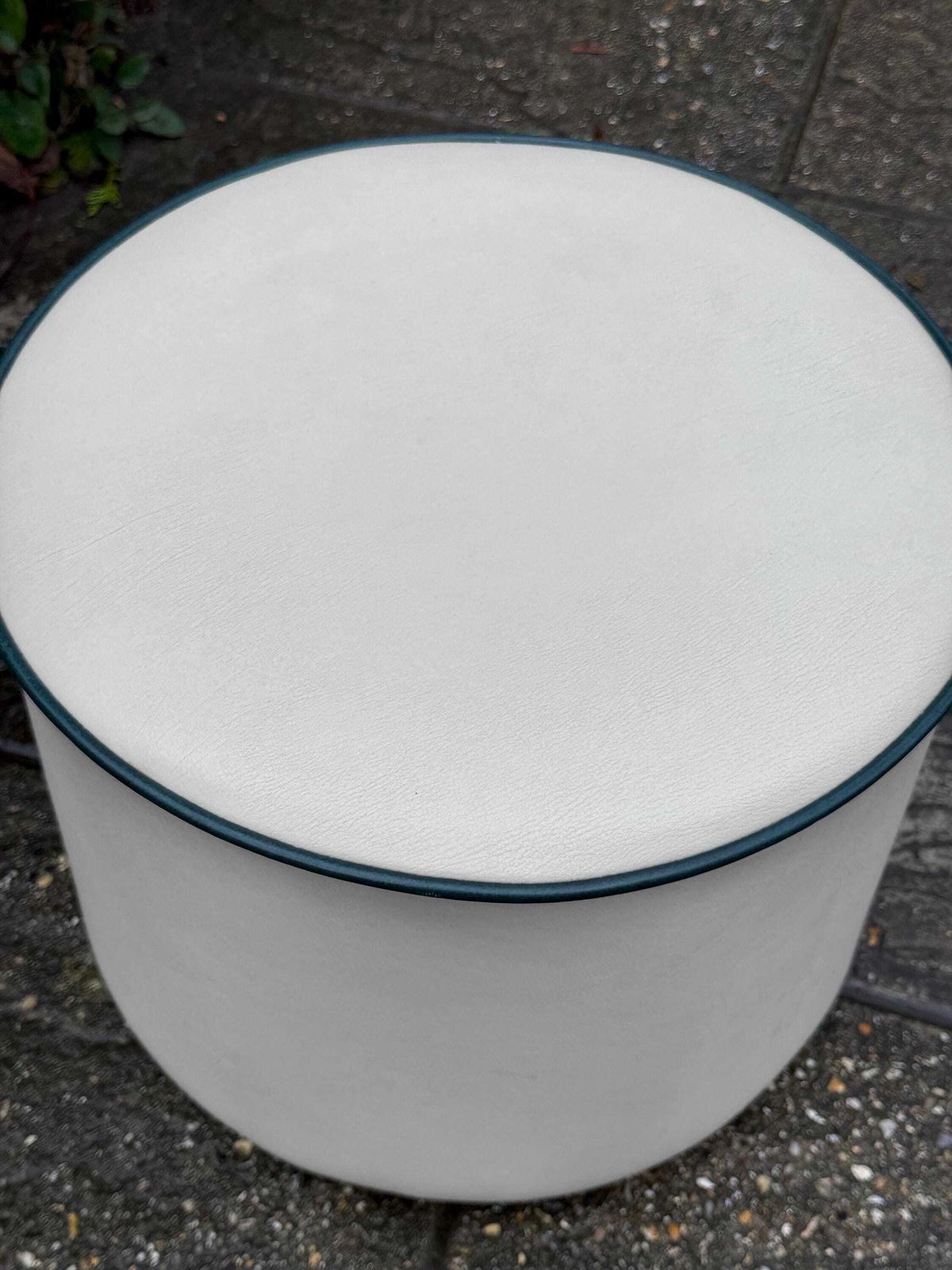Vintage Faux Leather Cream Cylinder Stool / Ottoman With Dark Green Trim, C. 1970s–Early 1980s photo 140.0