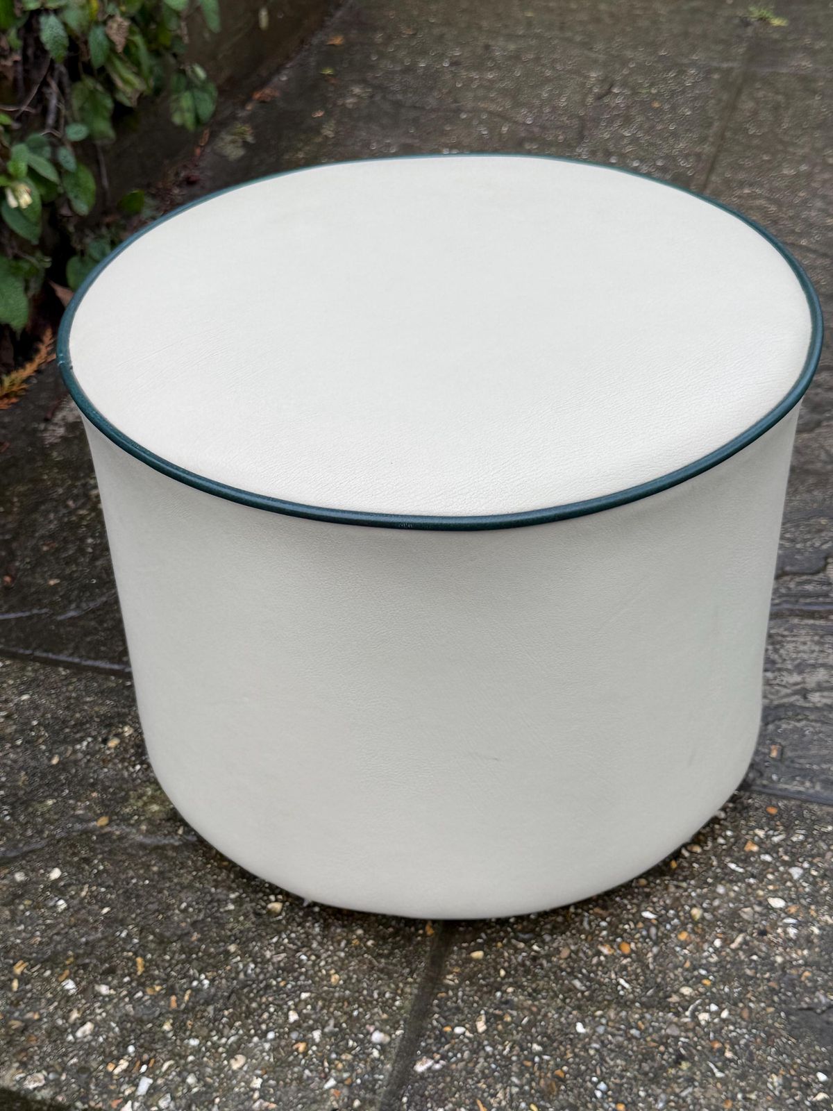 140.0 Vintage Faux Leather Cream Cylinder Stool / Ottoman With Dark Green Trim, C. 1970s–Early 1980s photo