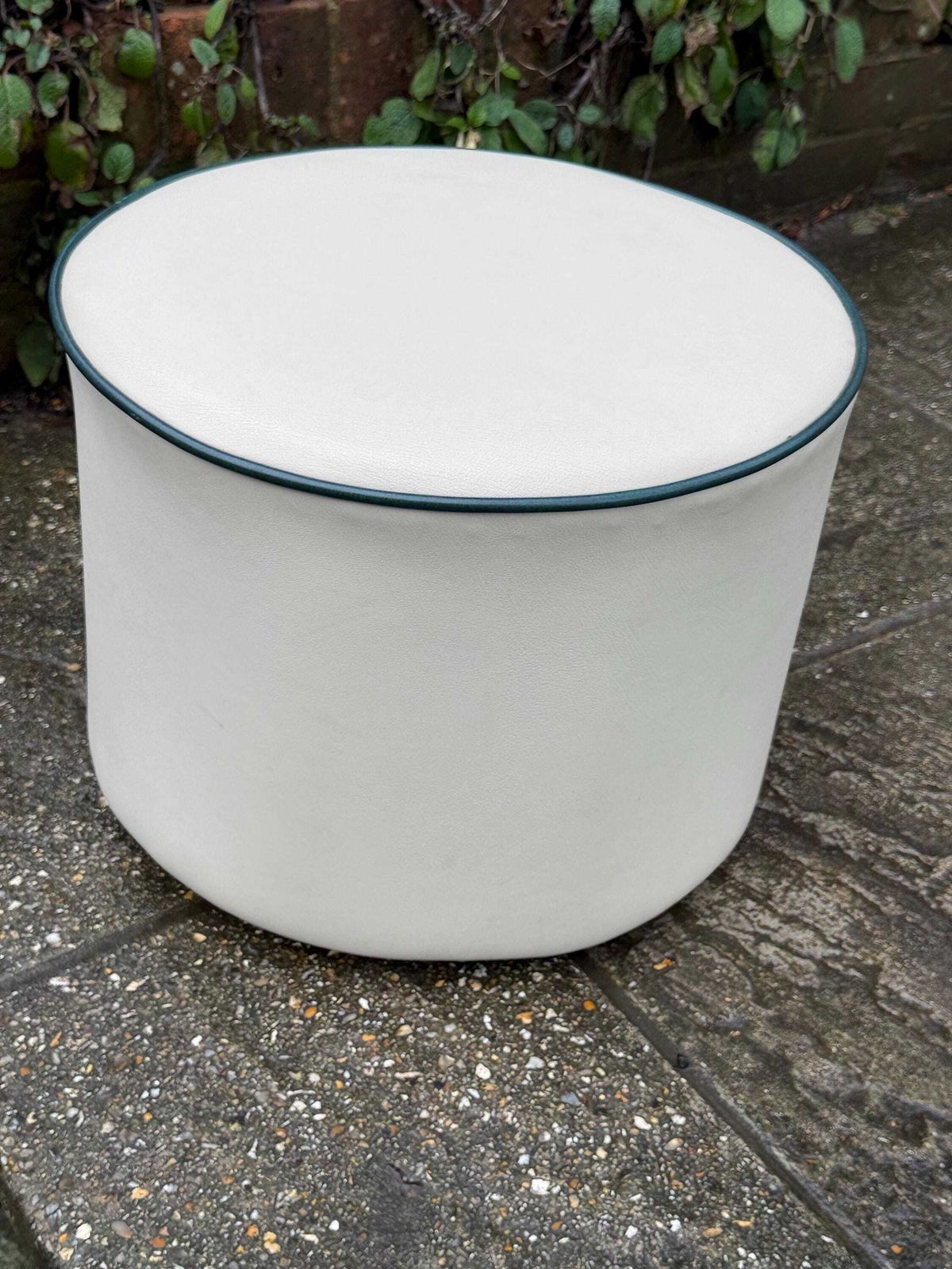 photo buy Vintage Faux Leather Cream Cylinder Stool / Ottoman With Dark Green Trim, C. 1970s–Early 1980s