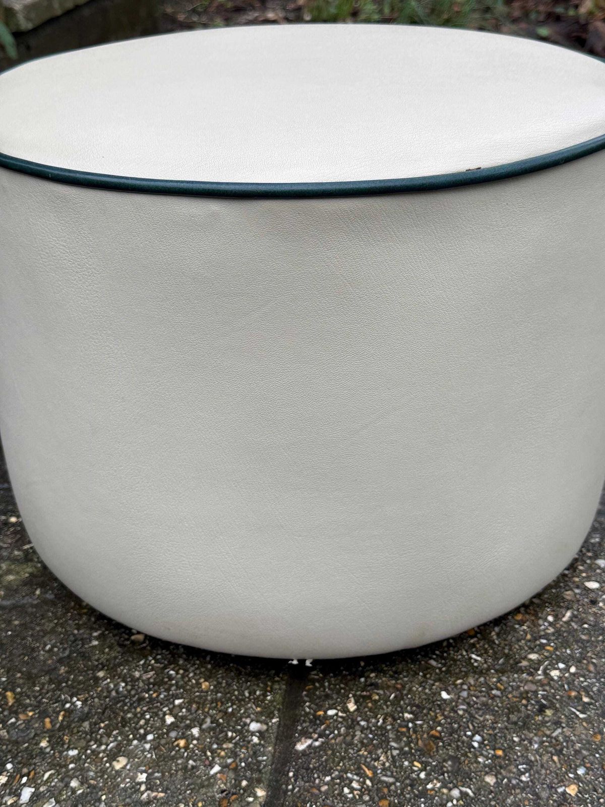 photo for sale Vintage Faux Leather Cream Cylinder Stool / Ottoman With Dark Green Trim, C. 1970s–Early 1980s