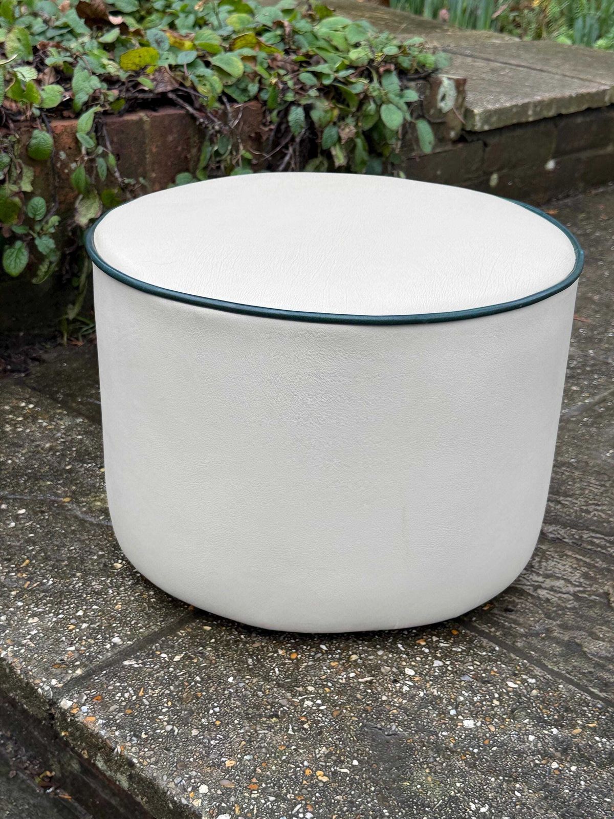 photo buy Vintage Faux Leather Cream Cylinder Stool / Ottoman With Dark Green Trim, C. 1970s–Early 1980s