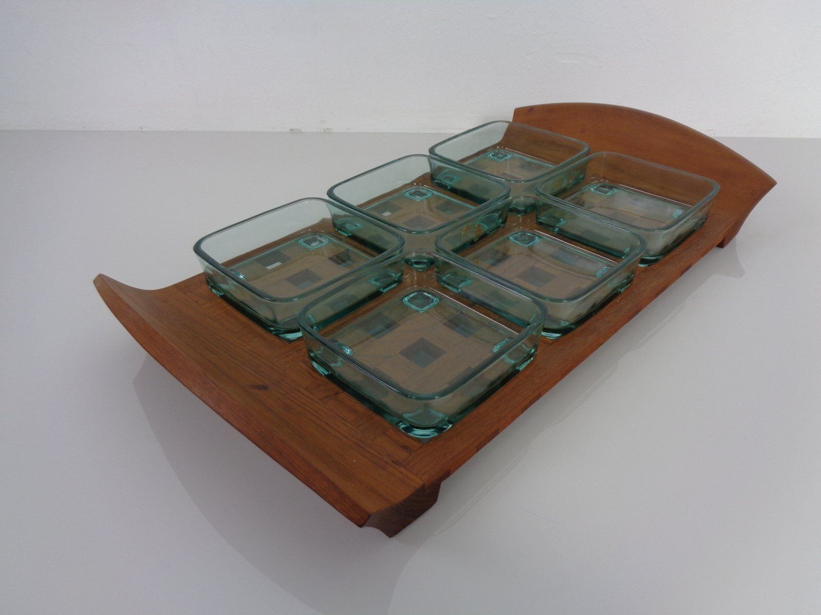Teak Tray With Glass Bowls By Jens Quistgaard For Ihq Dansk Designs, 1960s, Set Of 7