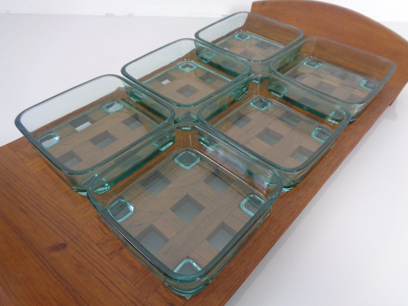 Teak Tray With Glass Bowls By Jens Quistgaard For Ihq Dansk Designs, 1960s, Set Of 7 photo buy
