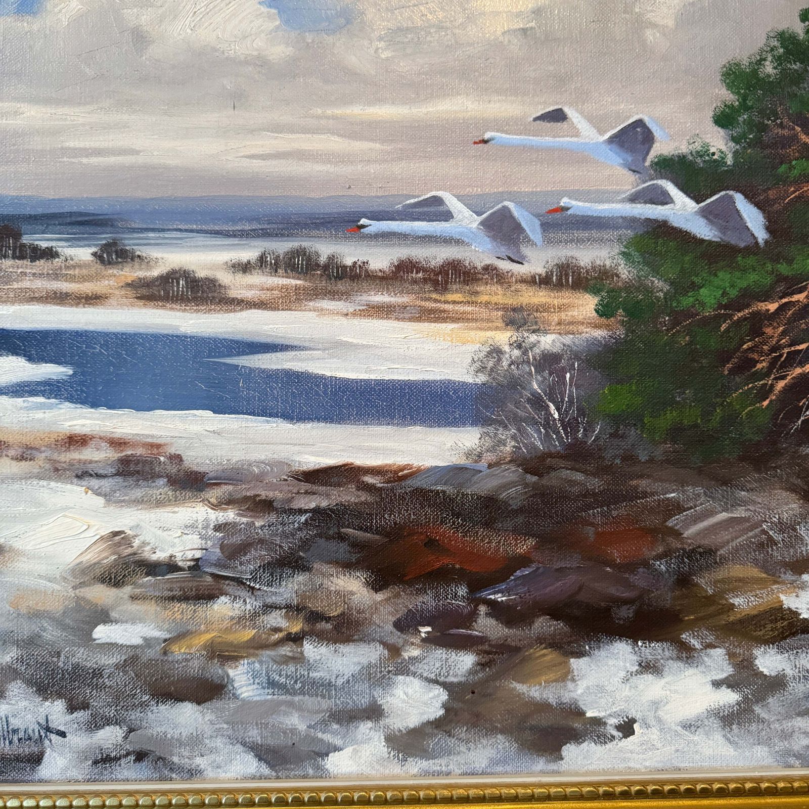 White Wings In Flight. Vintage Swedish Oil Painting By Bertil Widbrant photo furniture