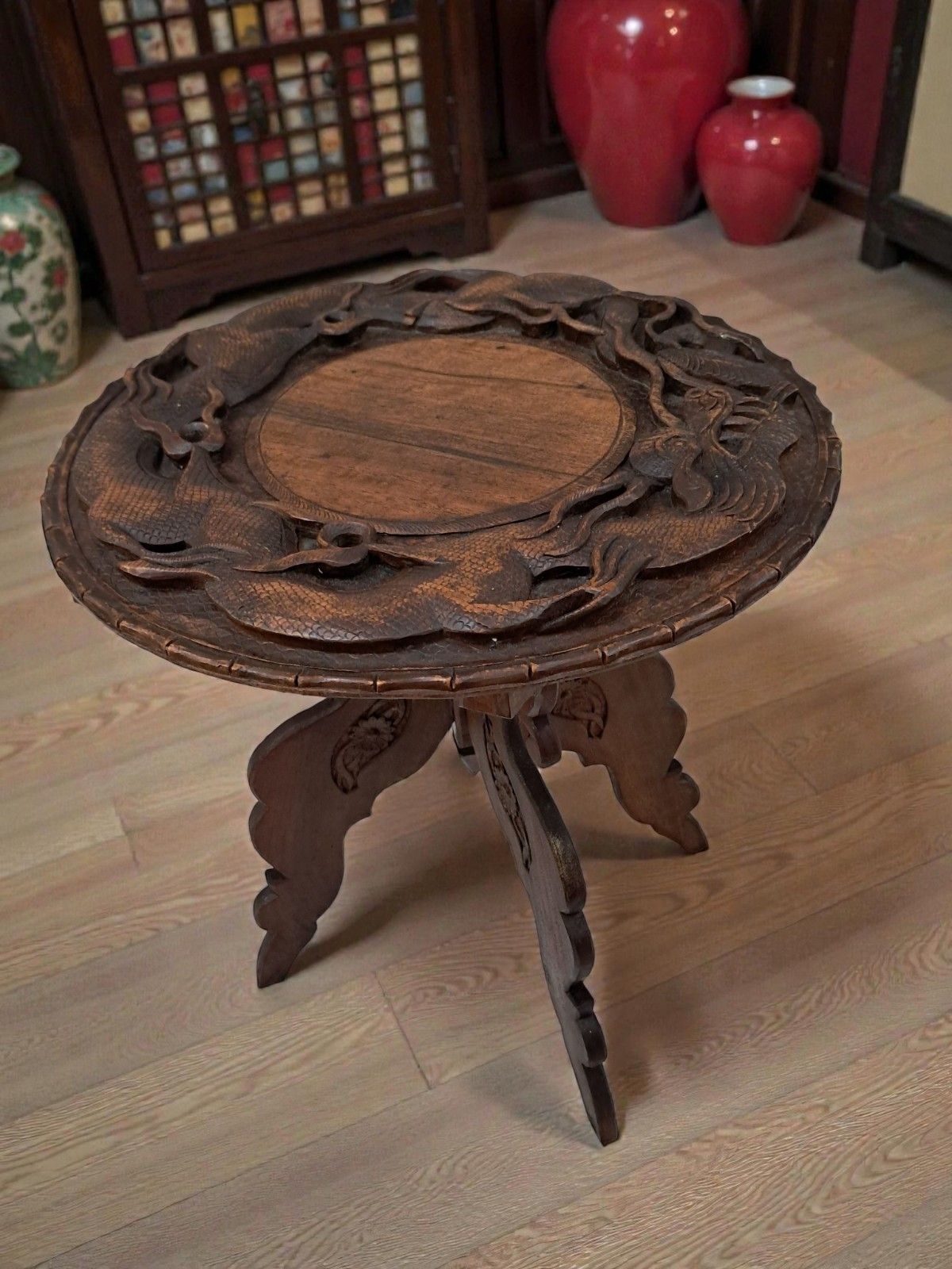Antique Oriental Table Dragon Wooden Carved Plant Side Table 1920