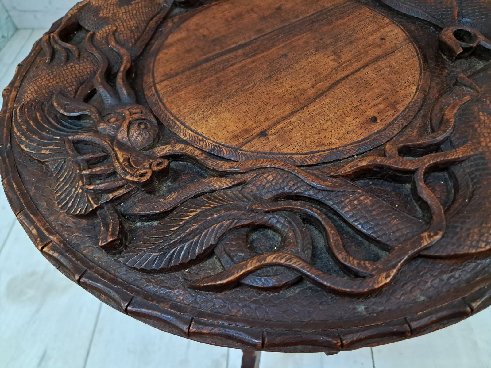 Antique Oriental Table Dragon Wooden Carved Plant Side Table 1920 photo vintage