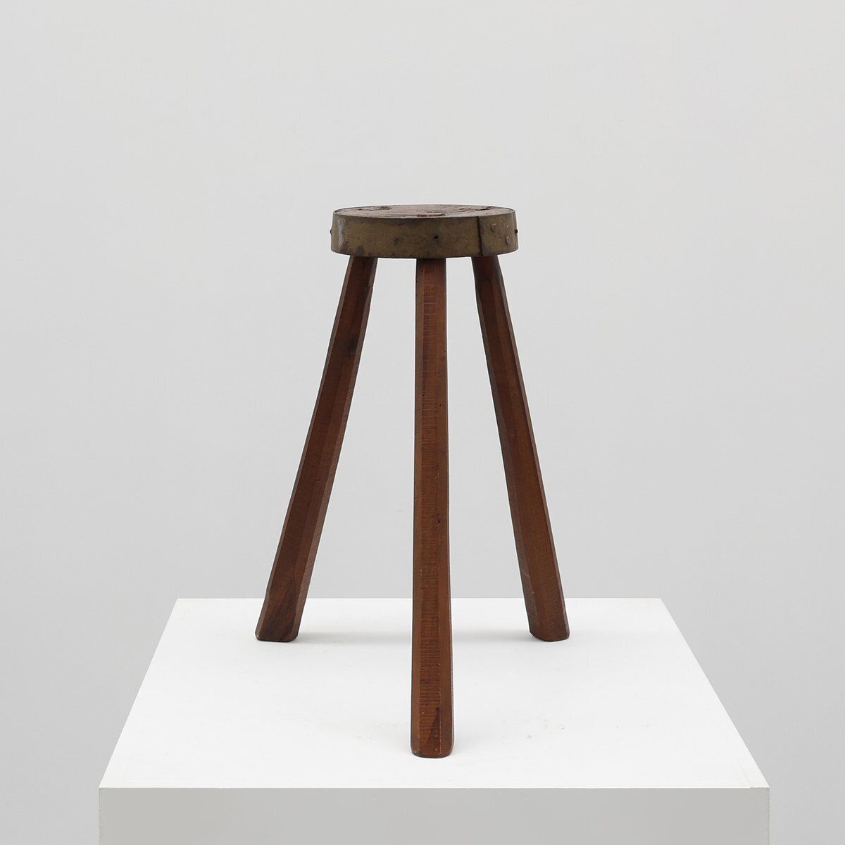 Brutalist French Oak Tripod Stool With Metal Rim, 1850s