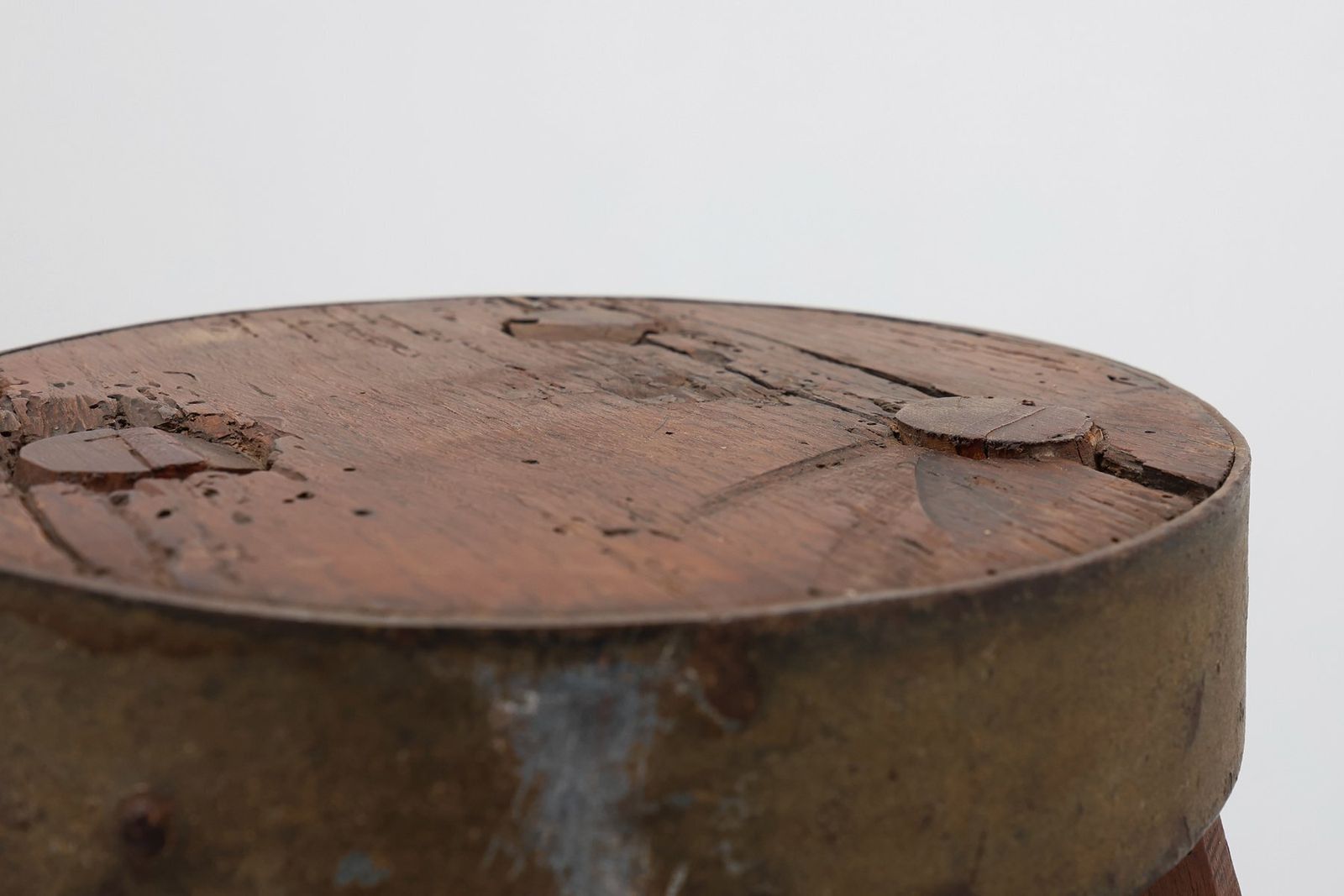 Brutalist French Oak Tripod Stool With Metal Rim, 1850s photo Furniture